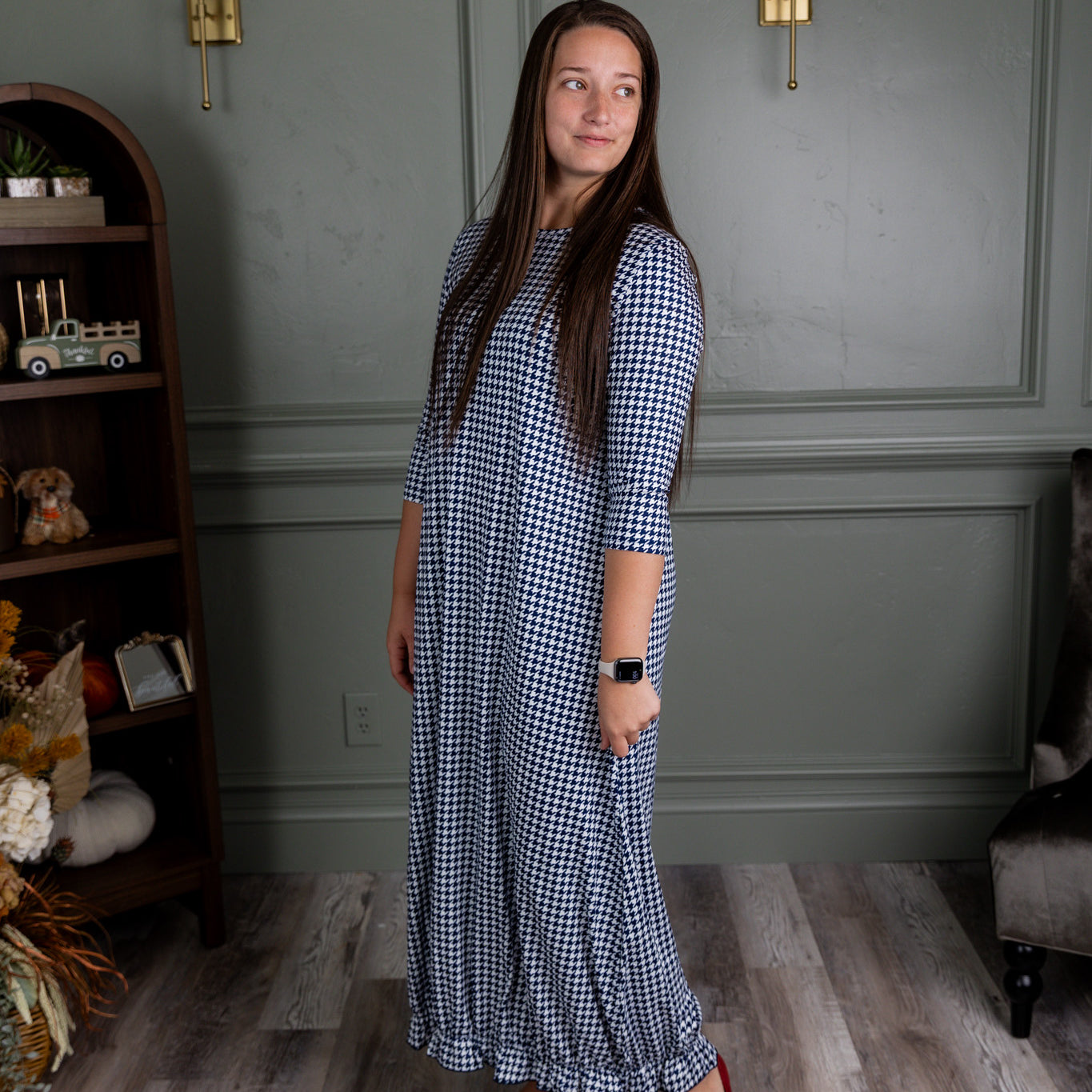 Model showing the modest and stylish Nuggles® Maxi Bristol Dress in assorted prints.