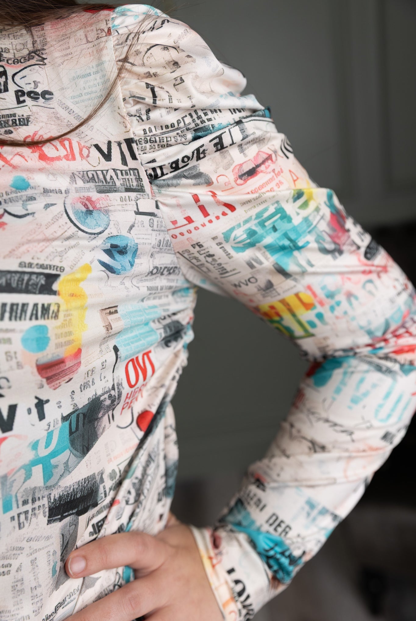 Nuggles® Kyliee top —long sleeve, high neck, puff shoulder modest style.