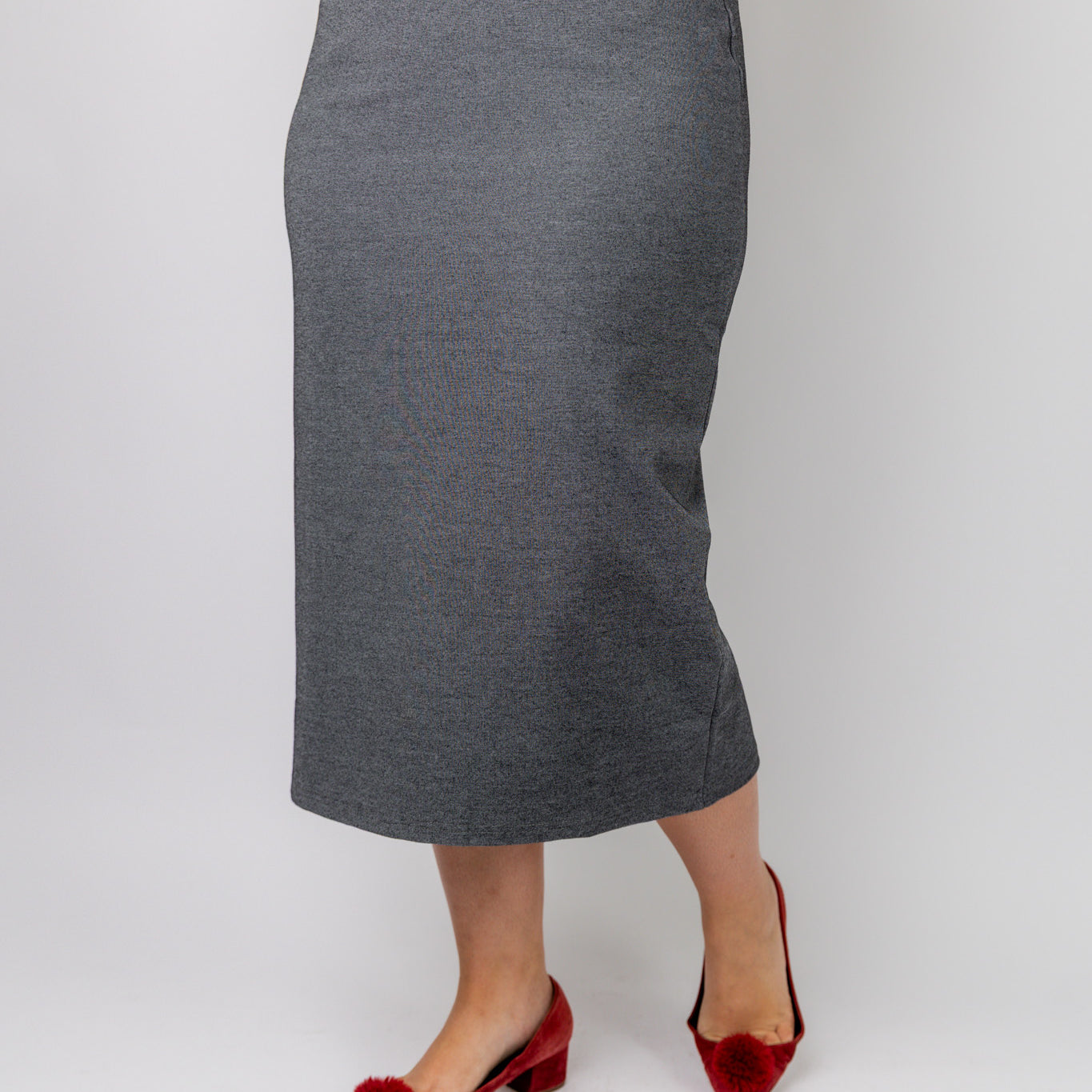 model wearing the Nuggles® Relaxed Midi Skirt in 31" length – modest and classic knit skirt.