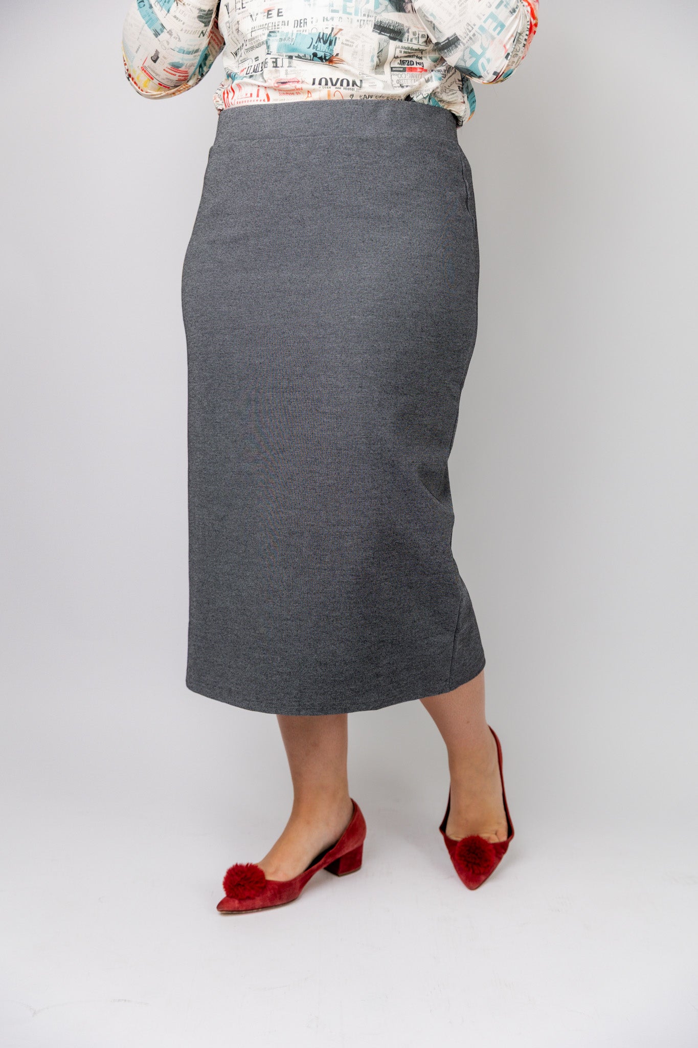 model wearing the Nuggles® Relaxed Midi Skirt in 31" length – modest and classic knit skirt.