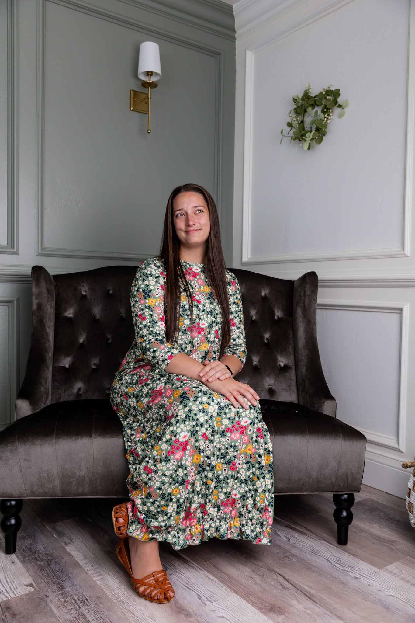 Model showing the modest and stylish Nuggles® Maxi Bristol Dress in assorted prints.