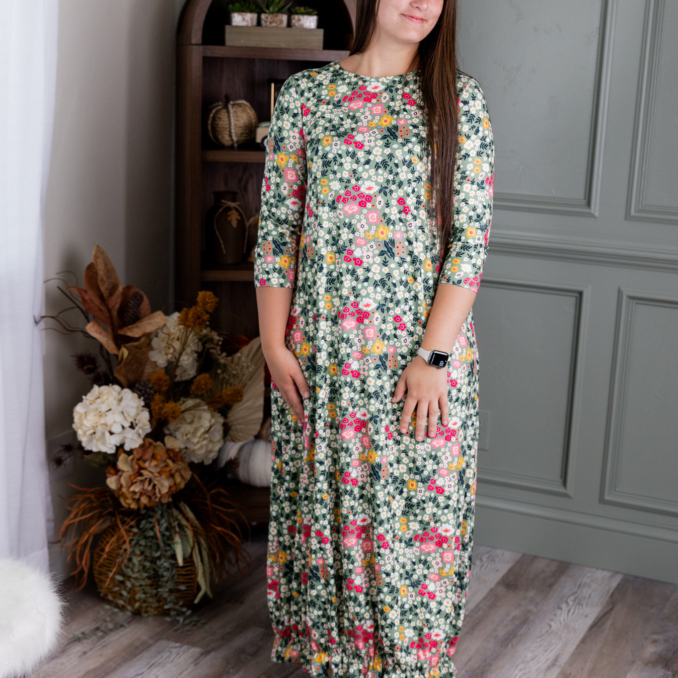 Model showing the modest and stylish Nuggles® Maxi Bristol Dress in assorted prints.