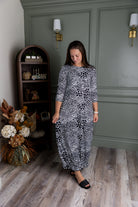 Model showing the modest and stylish Nuggles® Maxi Bristol Dress in assorted prints.