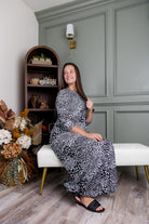 Model showing the modest and stylish Nuggles® Maxi Bristol Dress in assorted prints.