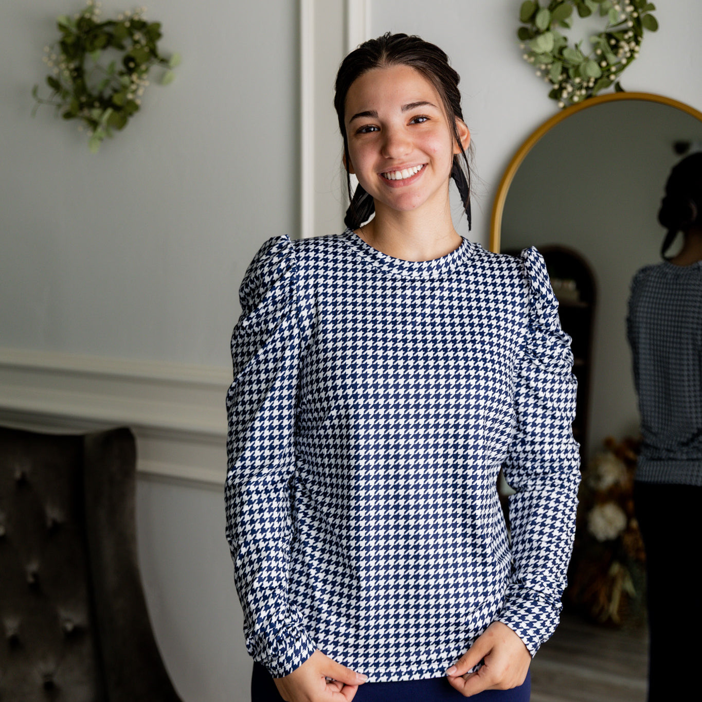 Nuggles® Kyliee top —long sleeve, high neck, puff shoulder modest style.