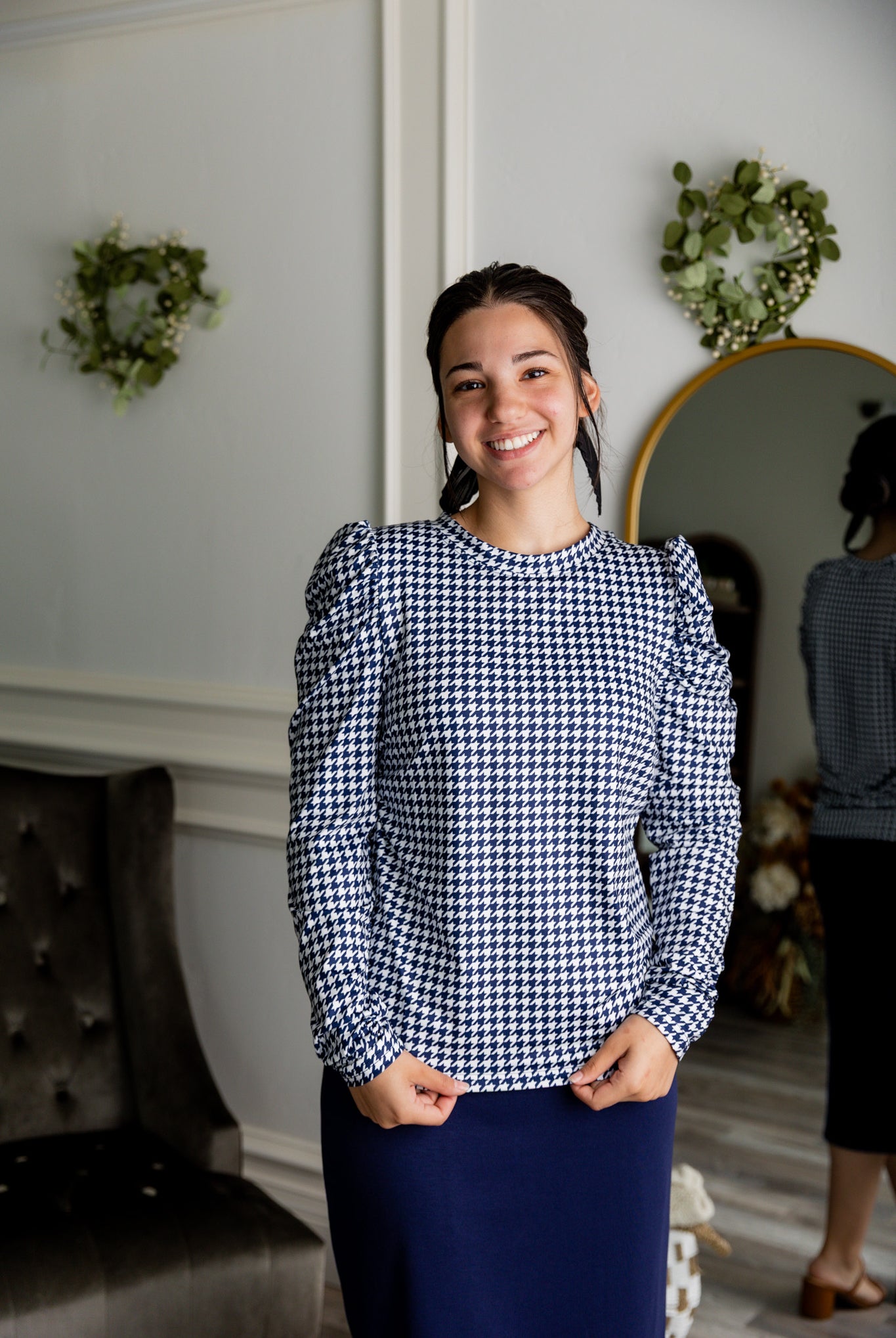 Nuggles® Kyliee top —long sleeve, high neck, puff shoulder modest style.