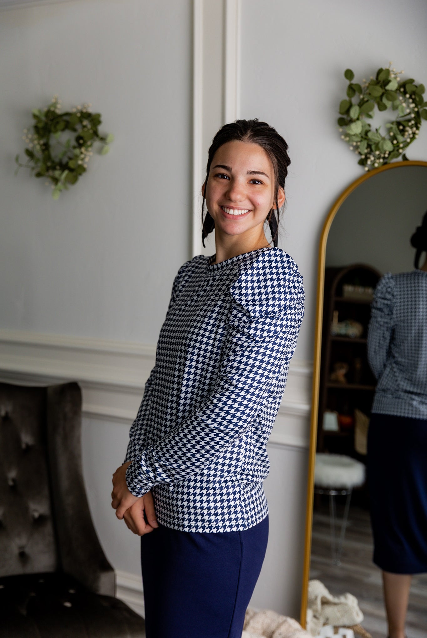 Nuggles® Kyliee top —long sleeve, high neck, puff shoulder modest style.