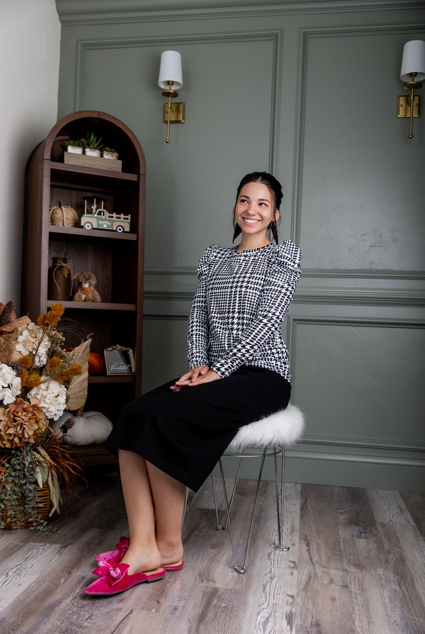 Nuggles® Kyliee top —long sleeve, high neck, puff shoulder modest style.