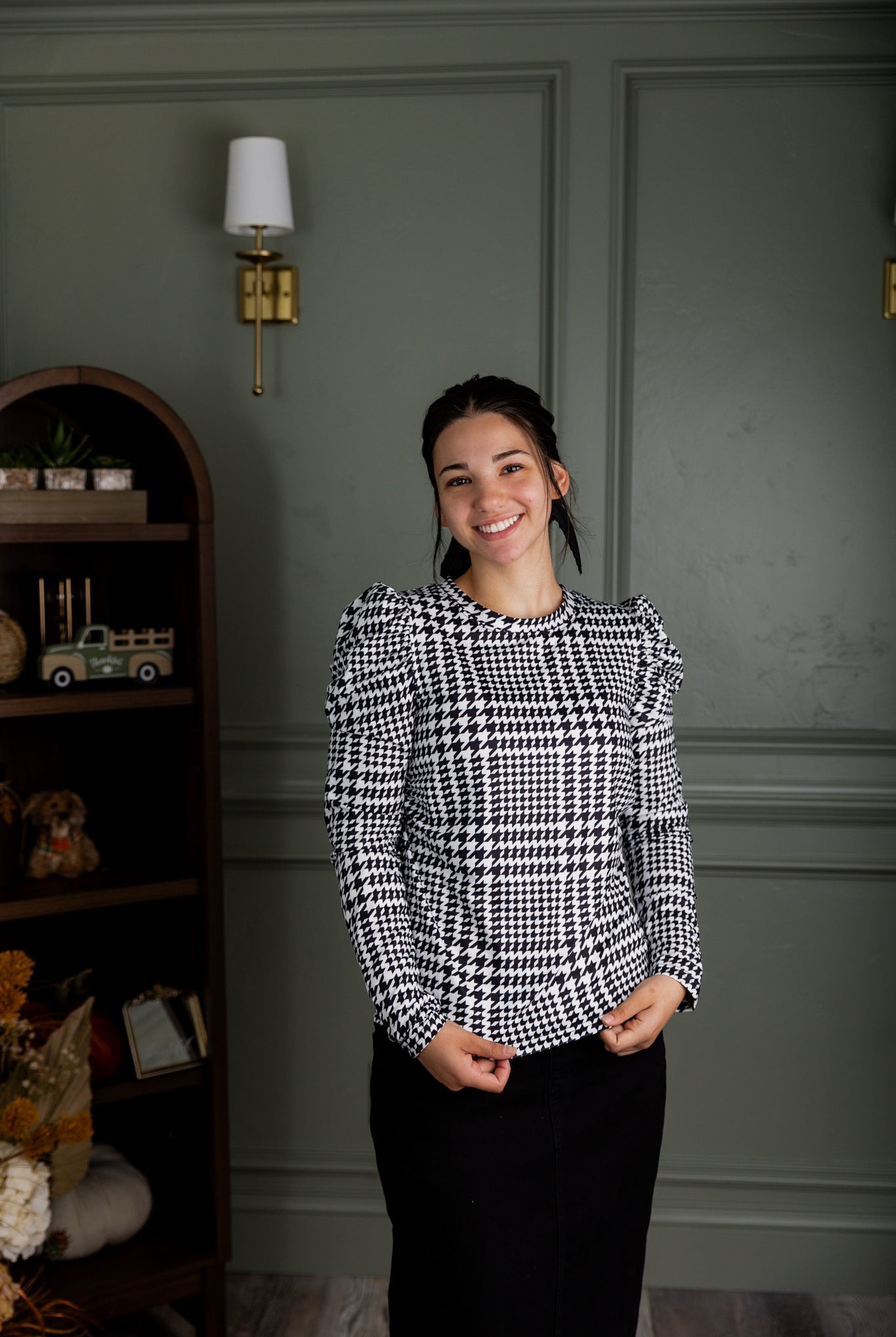 Nuggles® Kyliee top —long sleeve, high neck, puff shoulder modest style.