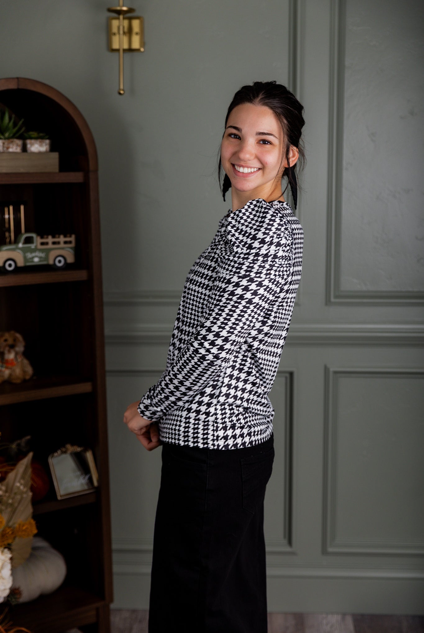 Nuggles® Kyliee top —long sleeve, high neck, puff shoulder modest style.