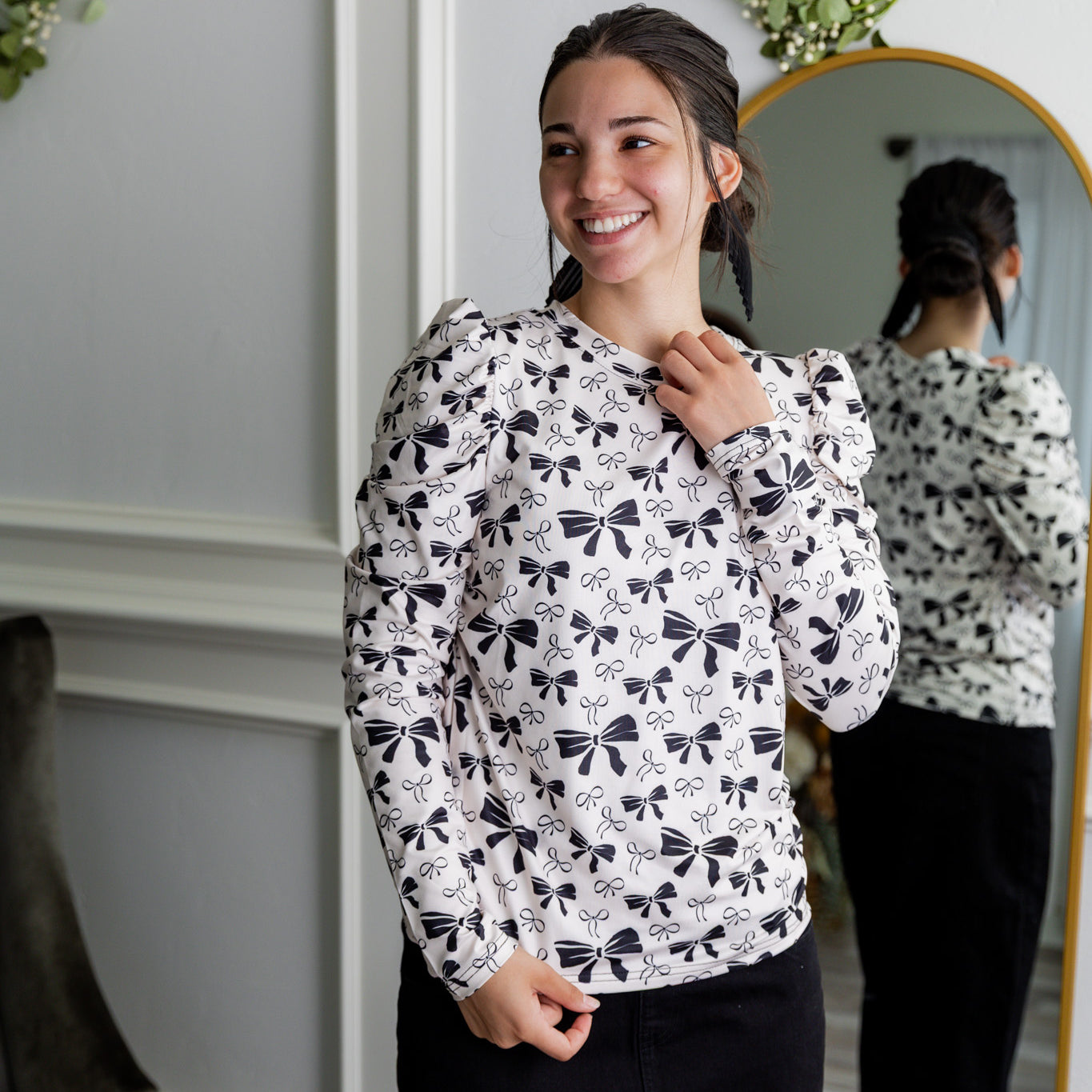 Nuggles® Kyliee top —long sleeve, high neck, puff shoulder modest style.