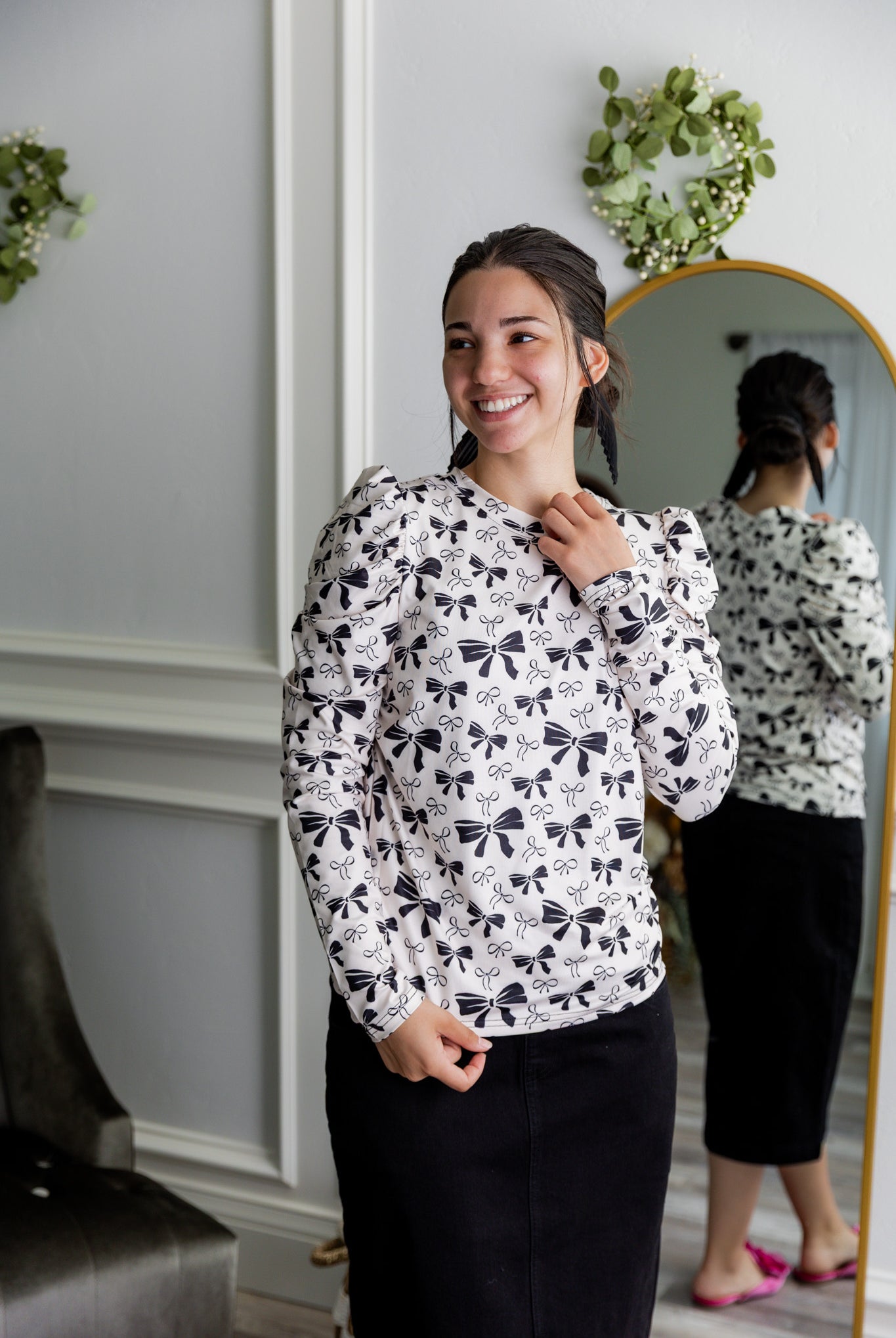 Nuggles® Kyliee top —long sleeve, high neck, puff shoulder modest style.