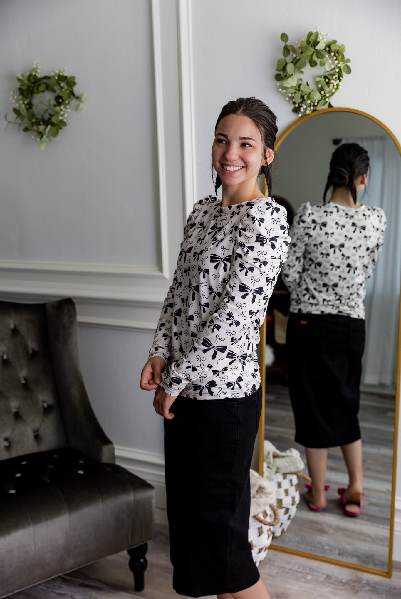 Nuggles® Kyliee top —long sleeve, high neck, puff shoulder modest style.