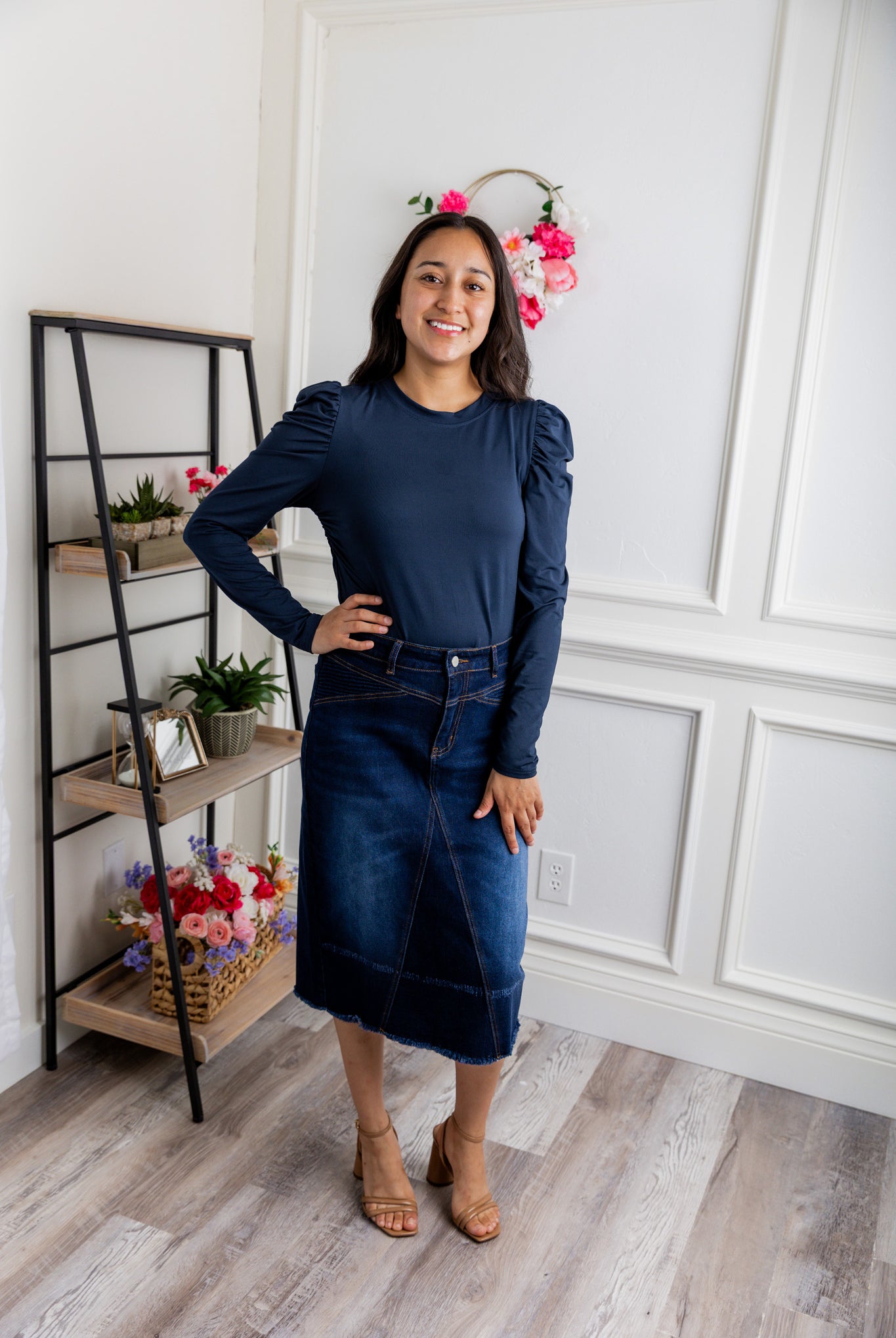 Nuggles® Kyliee top —long sleeve, high neck, puff shoulder modest style.