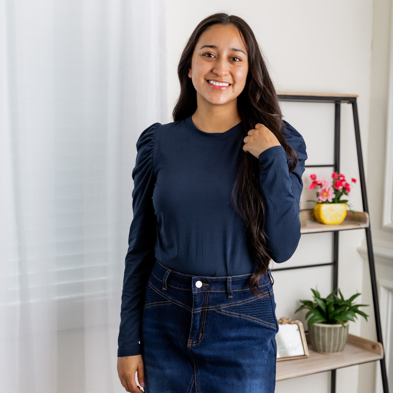 Nuggles® Kyliee top —long sleeve, high neck, puff shoulder modest style.