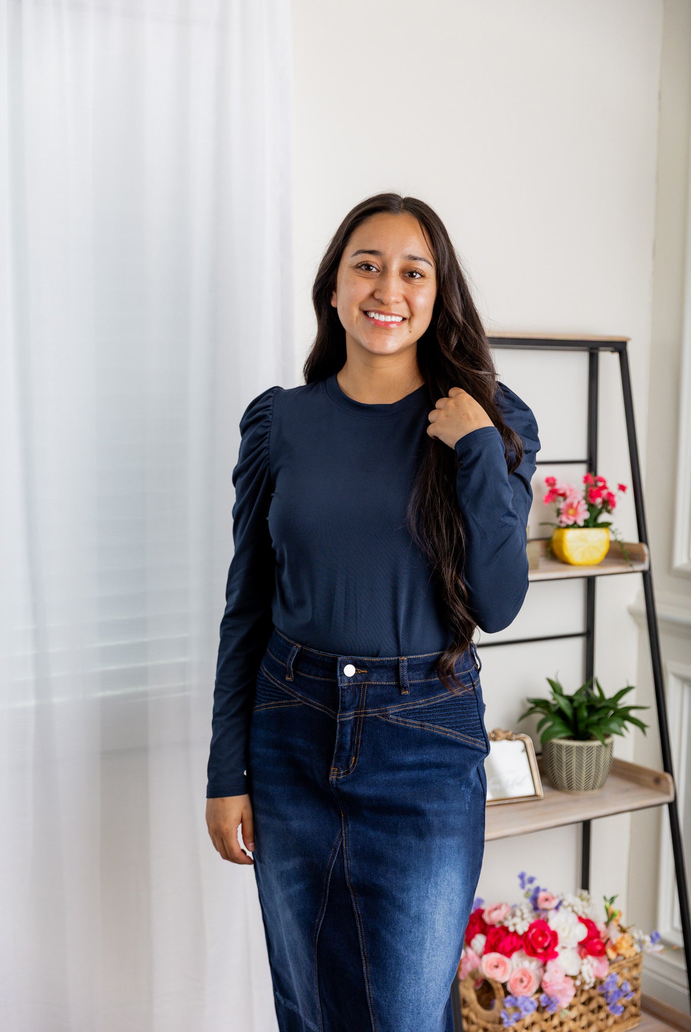 Nuggles® Kyliee top —long sleeve, high neck, puff shoulder modest style.