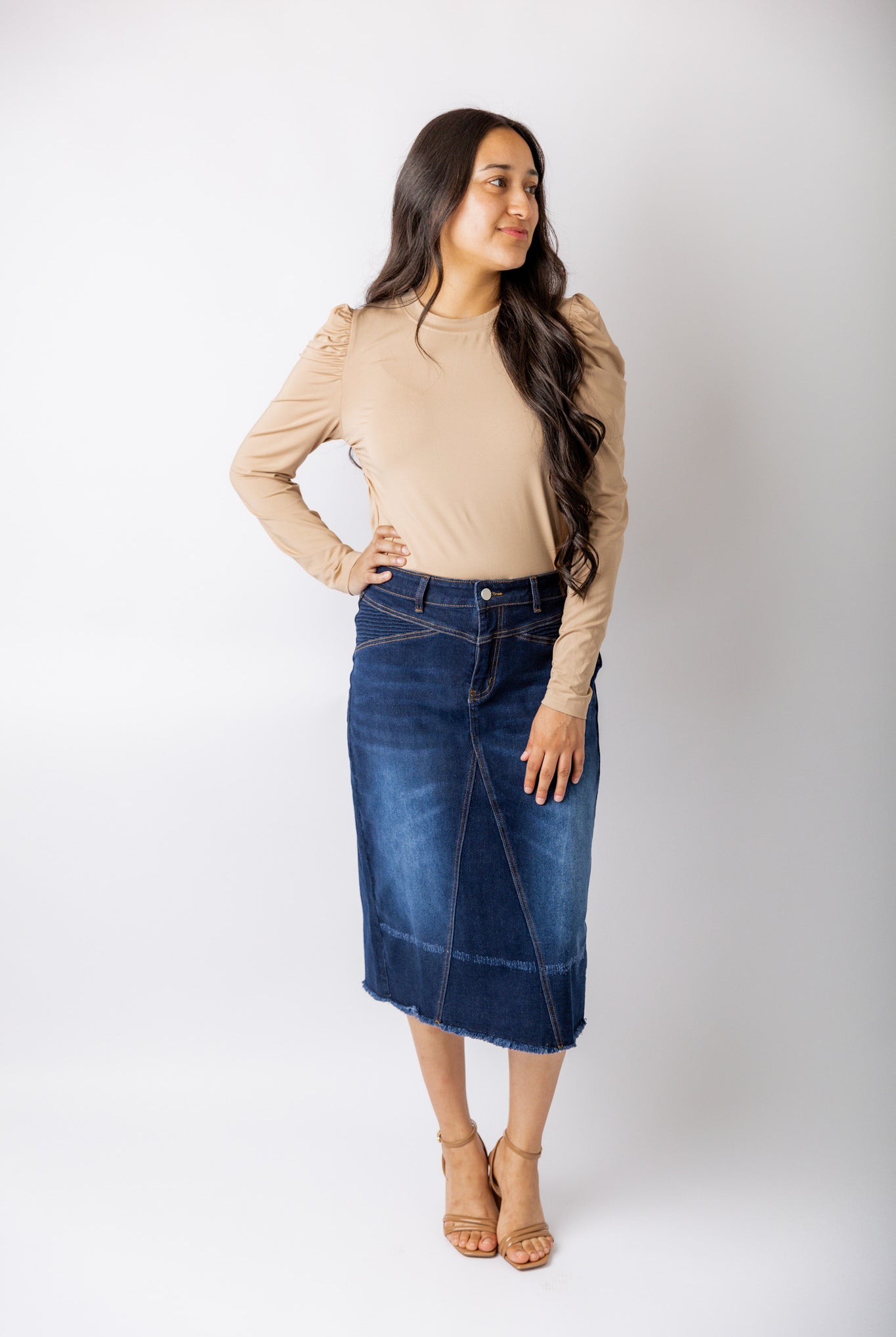 Nuggles® Kyliee top —long sleeve, high neck, puff shoulder modest style.