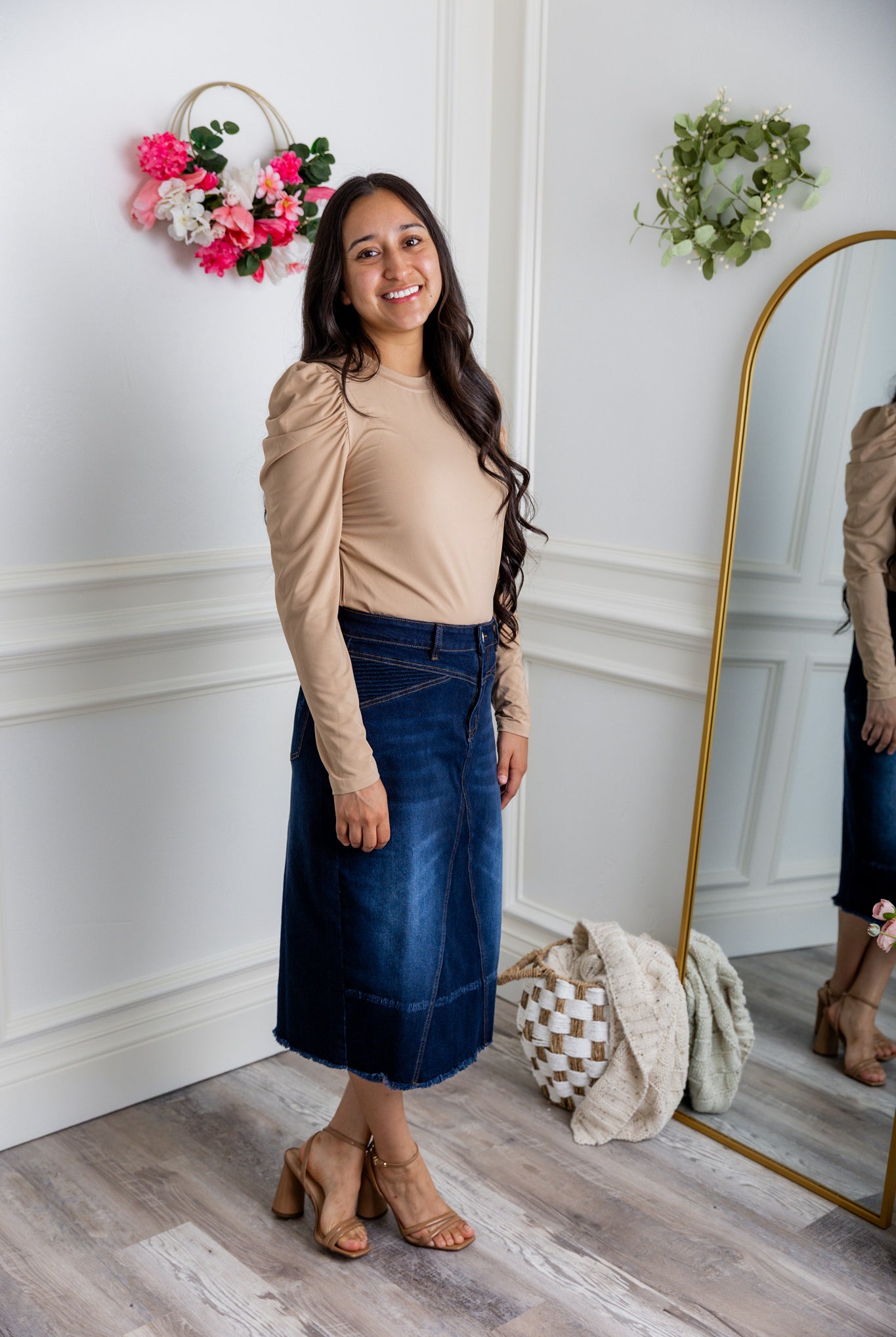 Nuggles® Kyliee top —long sleeve, high neck, puff shoulder modest style.