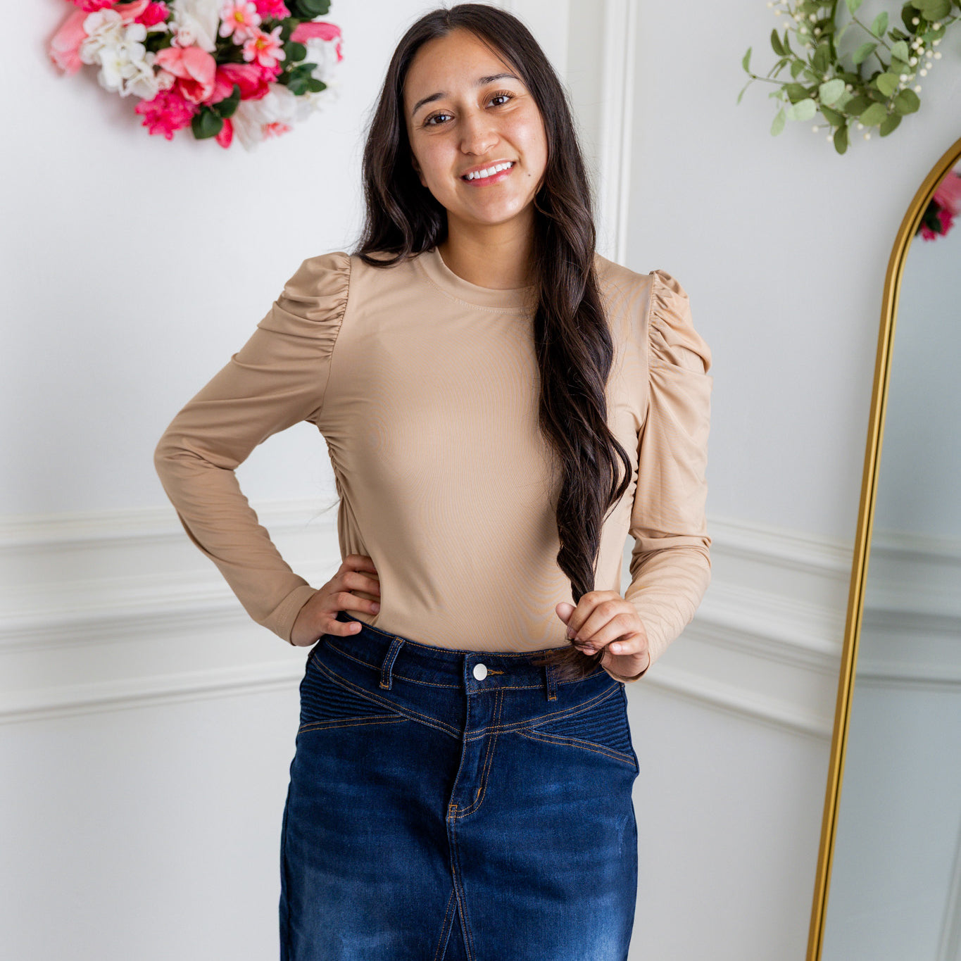 Nuggles® Kyliee top —long sleeve, high neck, puff shoulder modest style.