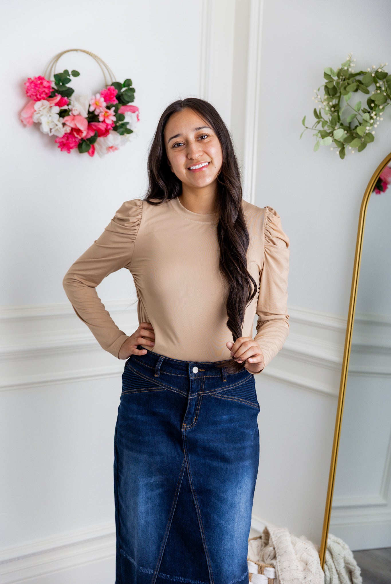 Nuggles® Kyliee top —long sleeve, high neck, puff shoulder modest style.