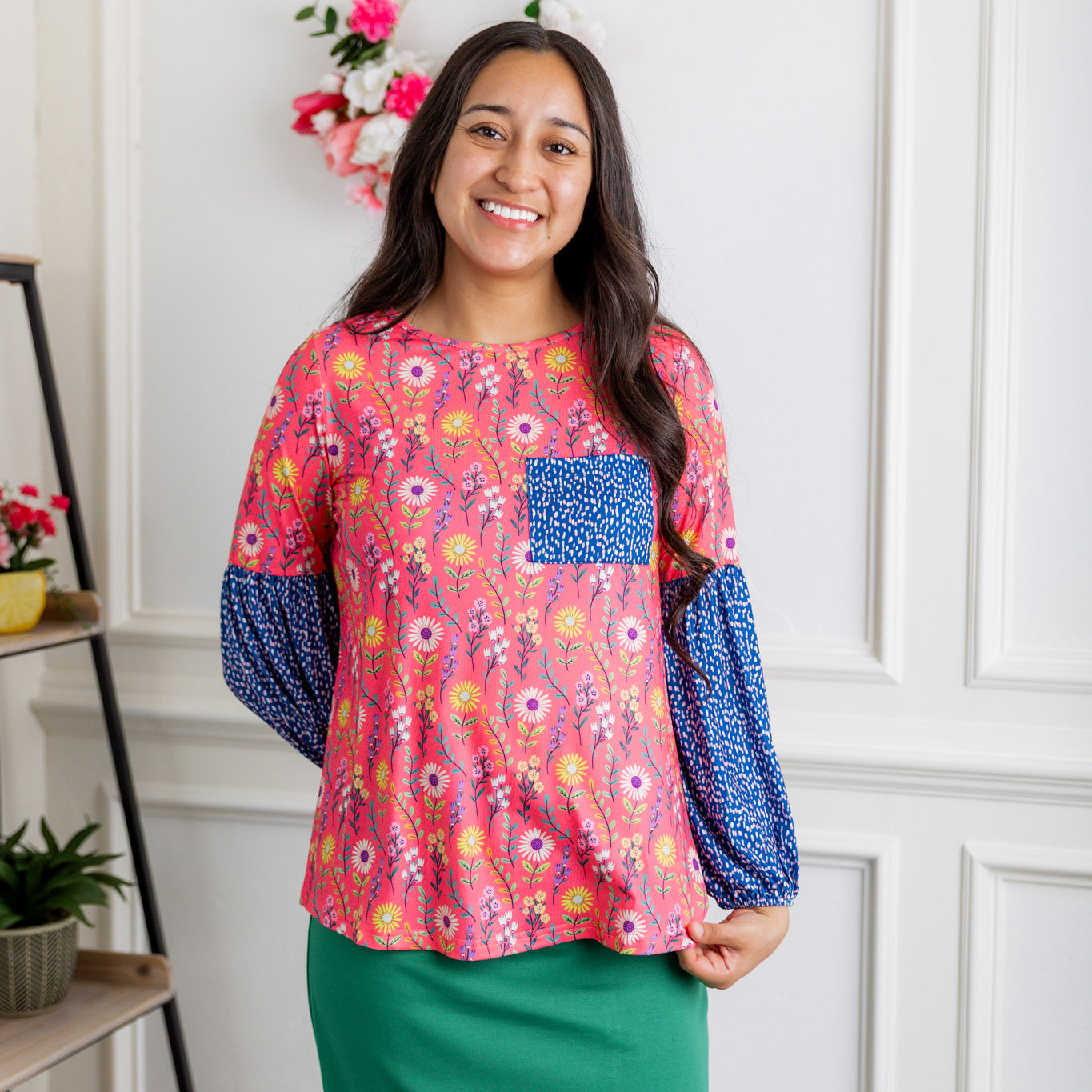 Nuggles® Gianna Top styled with pencil skirt, modest fashion outfit idea for women.