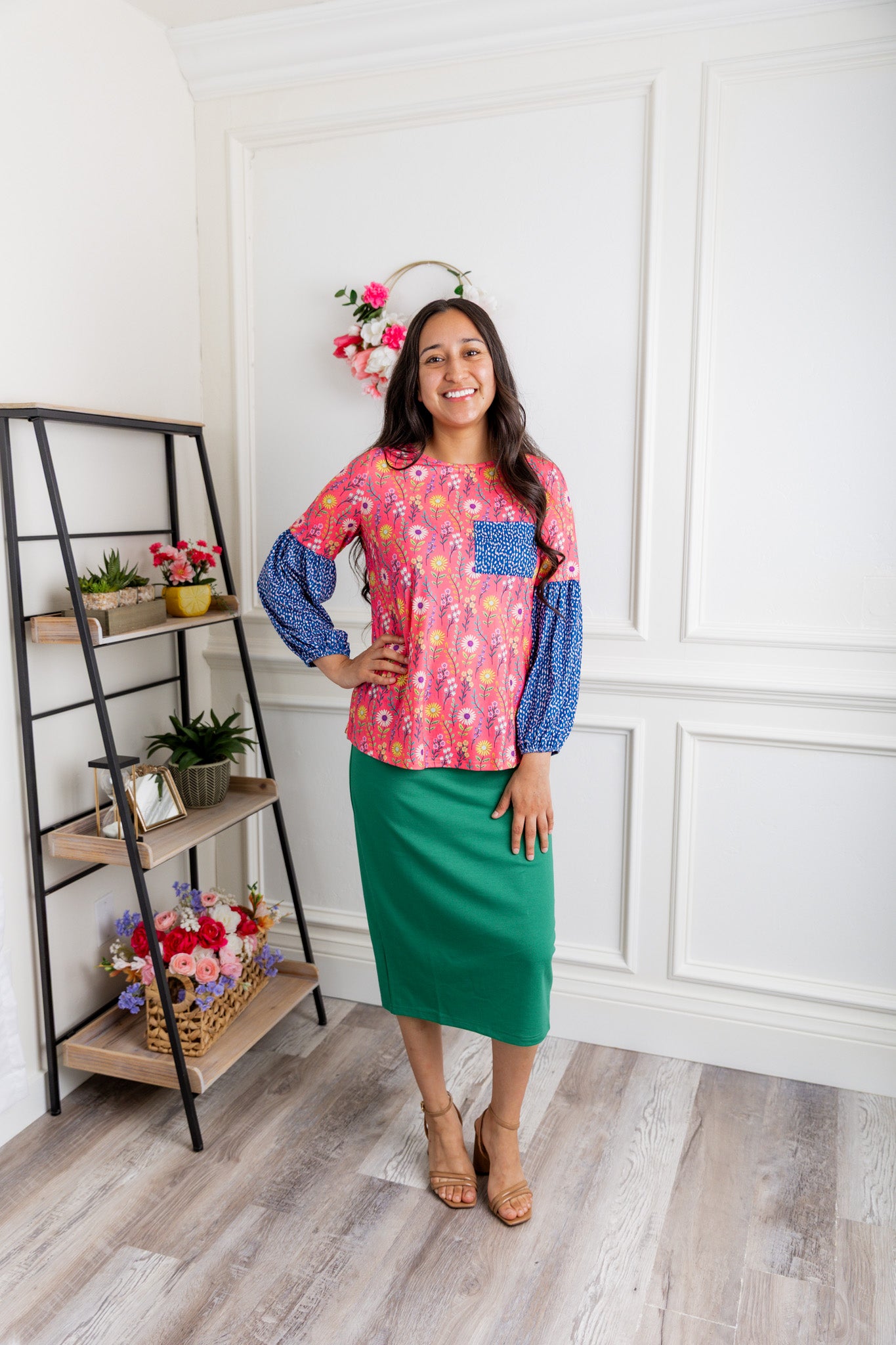 Nuggles® Gianna Top styled with pencil skirt, modest fashion outfit idea for women.