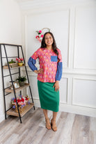 Nuggles® Gianna Top styled with pencil skirt, modest fashion outfit idea for women.