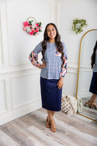 Nuggles® Gianna Top styled with pencil skirt, modest fashion outfit idea for women.