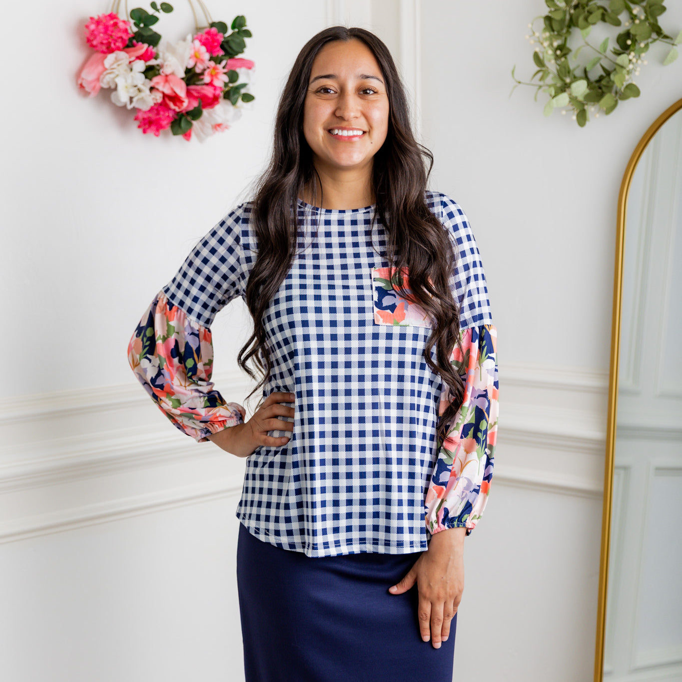 Nuggles® Gianna Top styled with pencil skirt, modest fashion outfit idea for women.