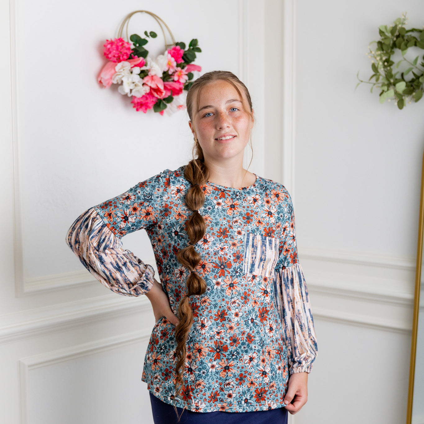 Nuggles® Gianna Top styled with pencil skirt, modest fashion outfit idea for women.