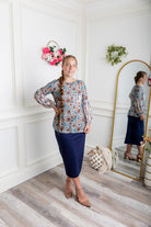 Nuggles® Gianna Top styled with pencil skirt, modest fashion outfit idea for women.