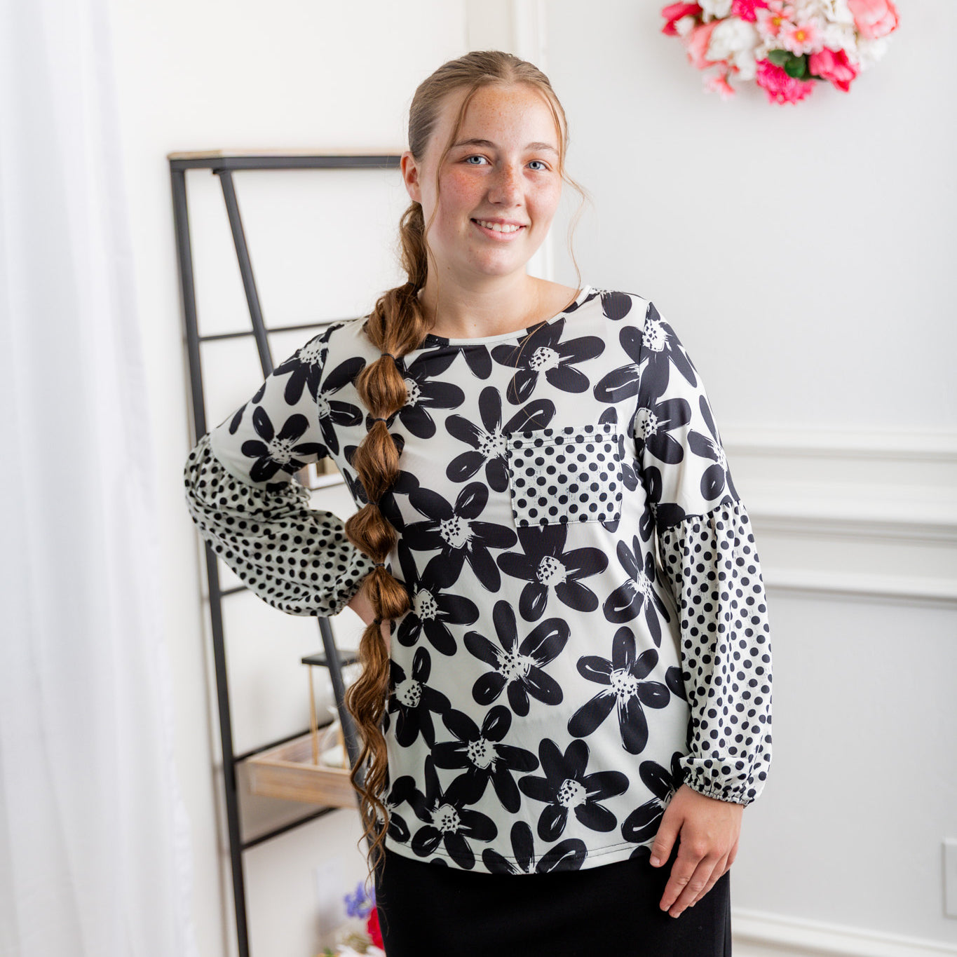 Nuggles® Gianna Top styled with pencil skirt, modest fashion outfit idea for women.