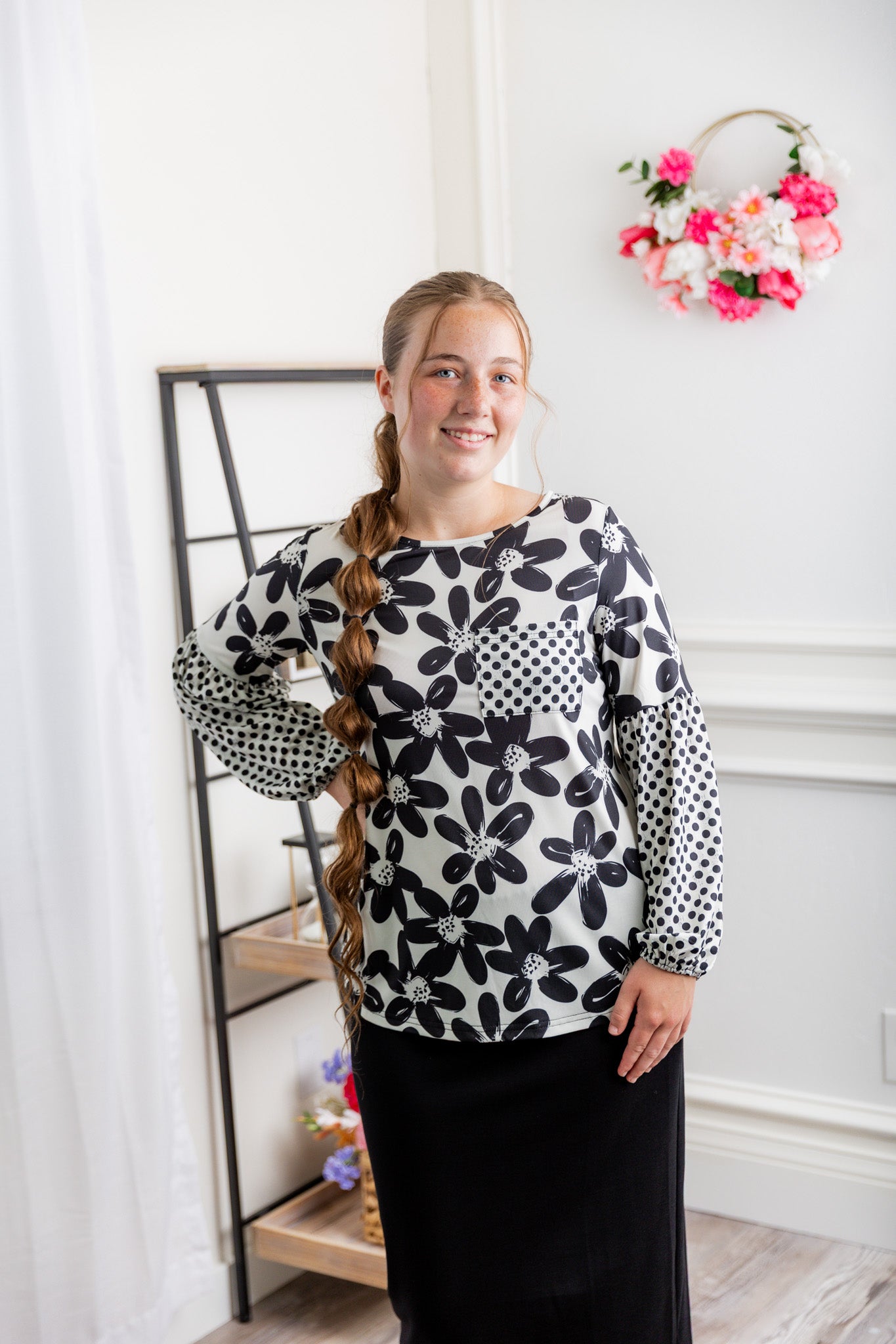 Nuggles® Gianna Top styled with pencil skirt, modest fashion outfit idea for women.