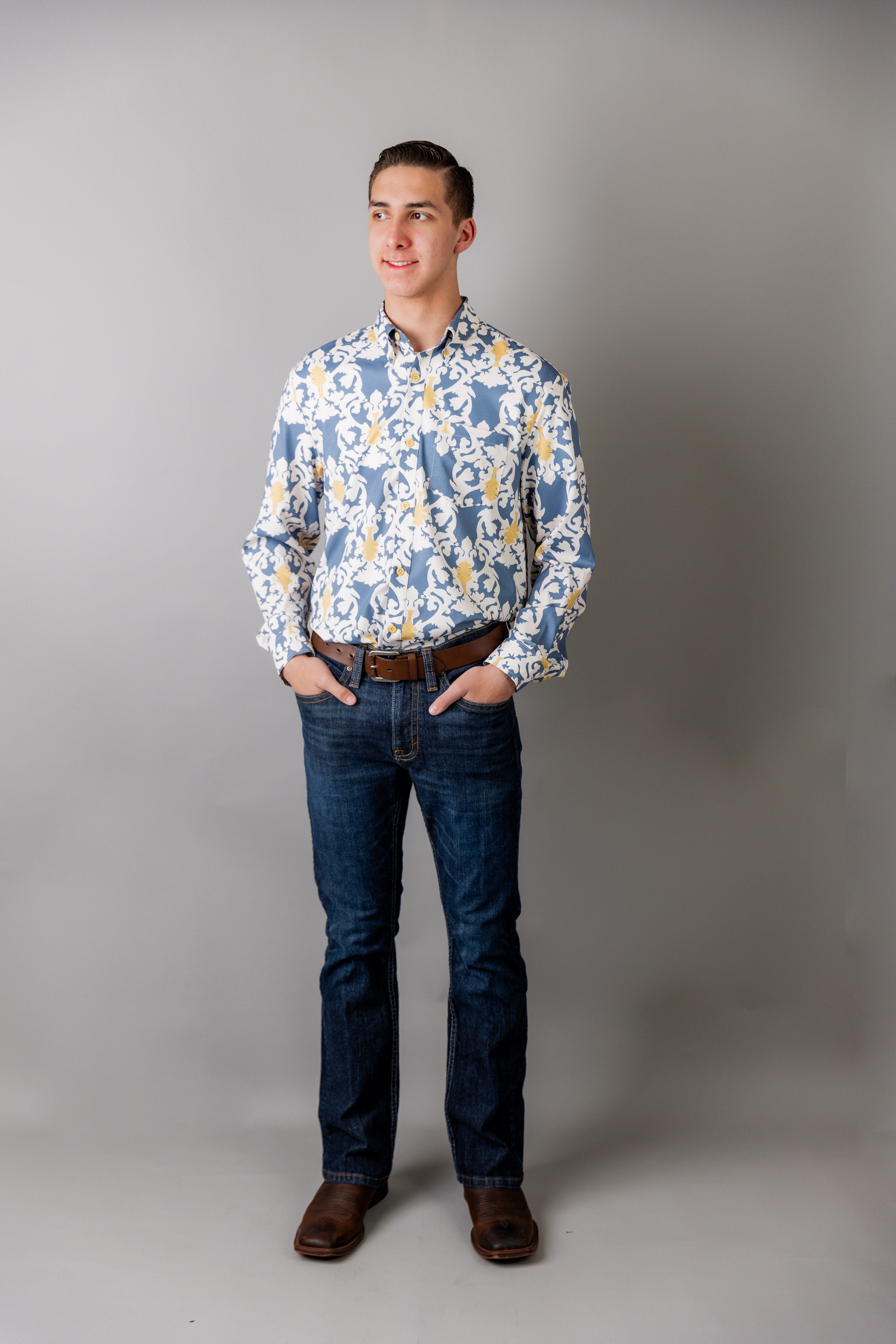 Model wearing Nuggles® Men's Button Down Shirt in Steel Damask