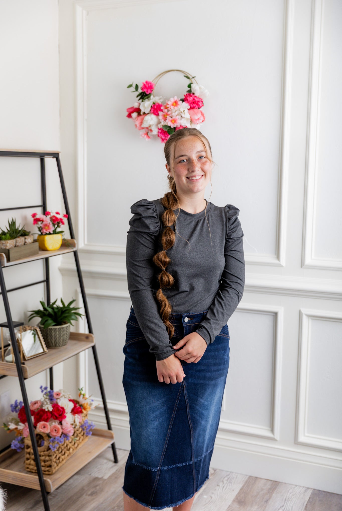 Nuggles® Kyliee top —long sleeve, high neck, puff shoulder modest style.