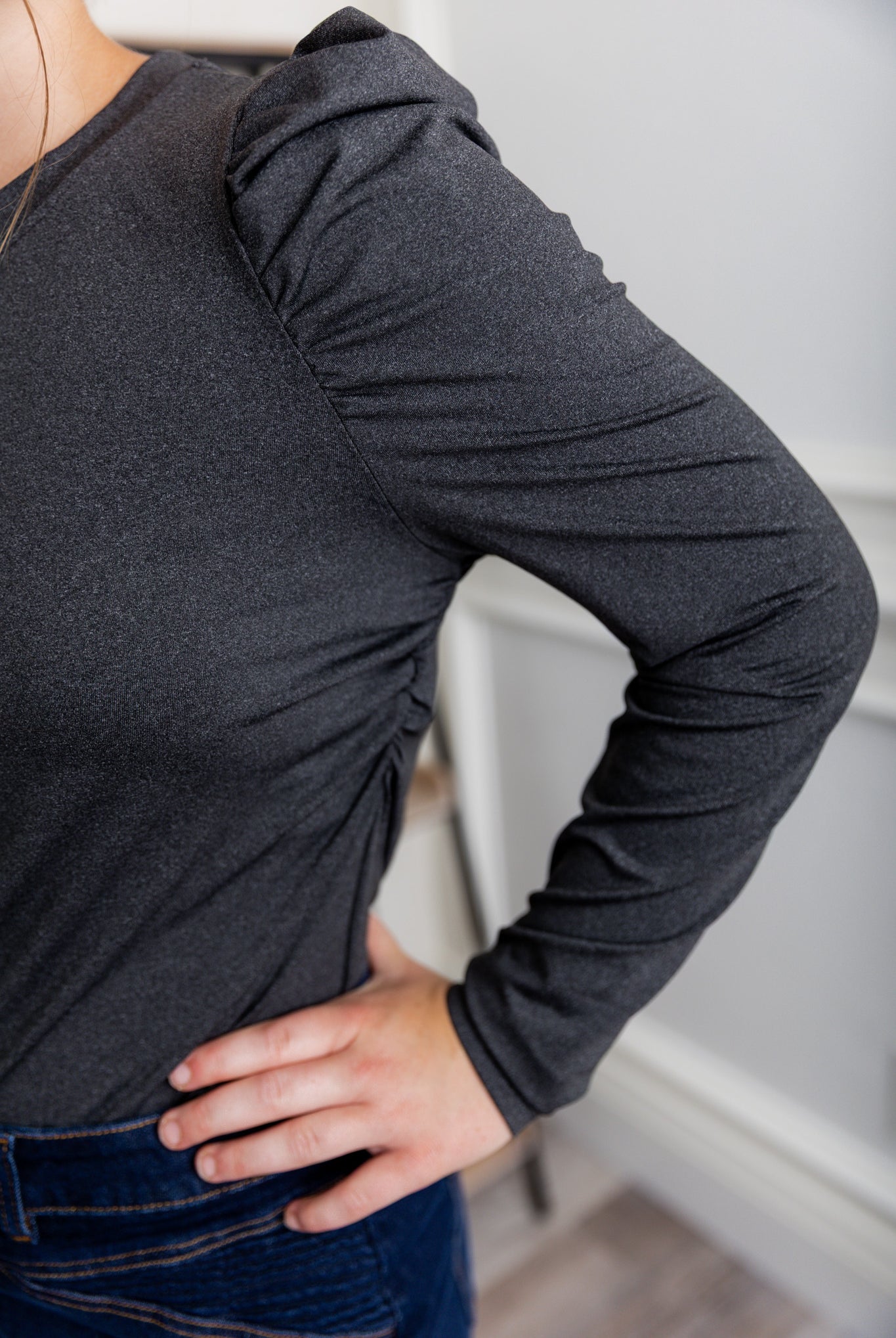 Nuggles® Kyliee top —long sleeve, high neck, puff shoulder modest style.