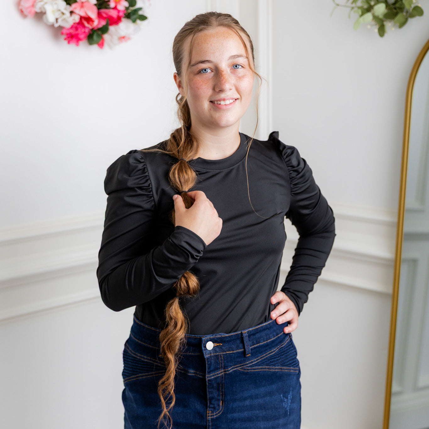 Nuggles® Kyliee top —long sleeve, high neck, puff shoulder modest style.