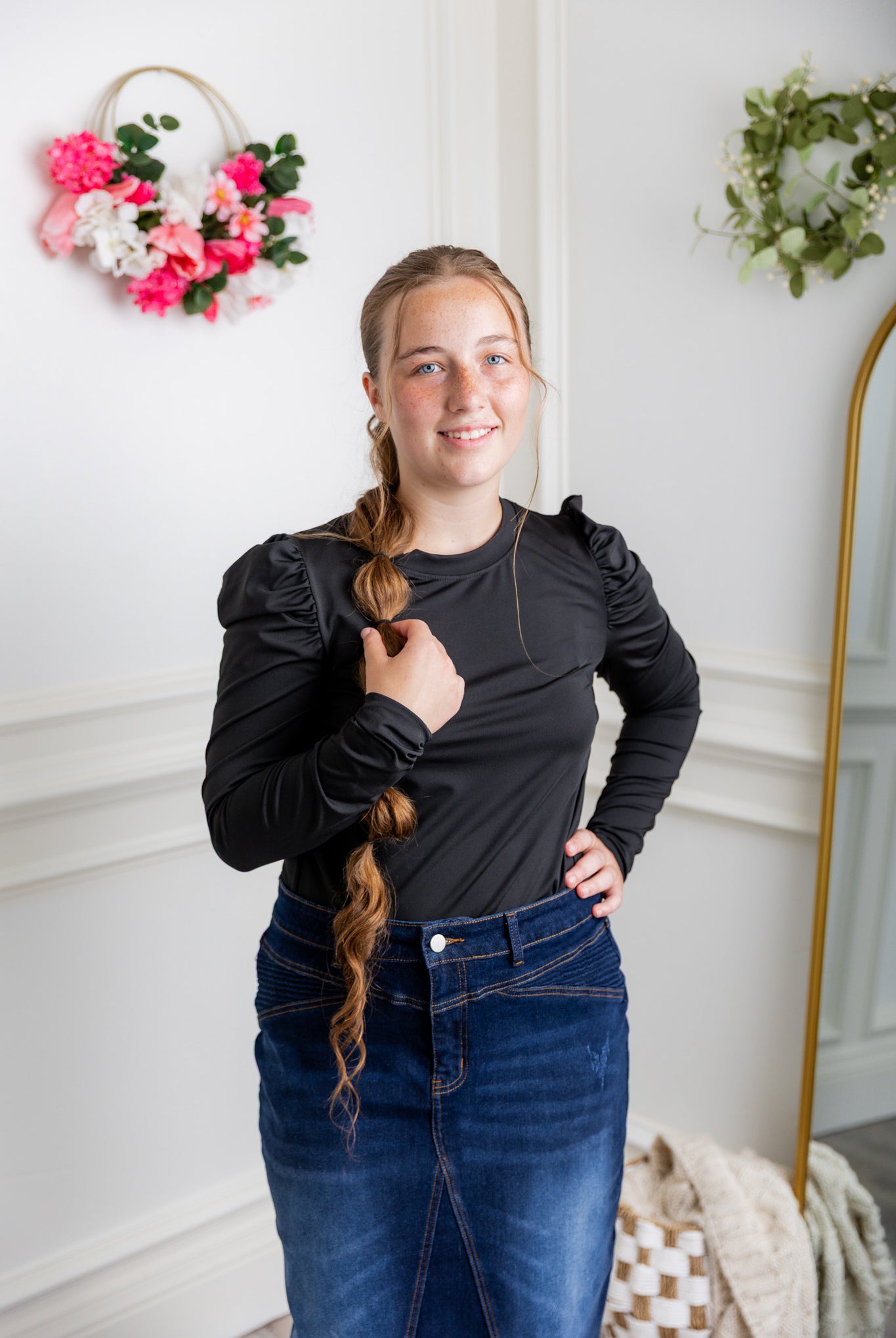 Nuggles® Kyliee top —long sleeve, high neck, puff shoulder modest style.