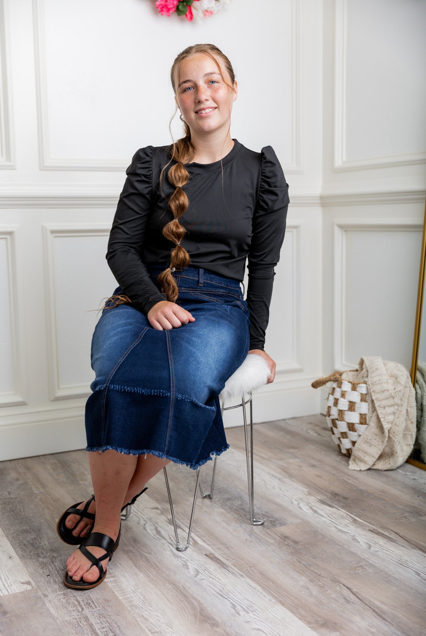 Nuggles® Kyliee top —long sleeve, high neck, puff shoulder modest style.