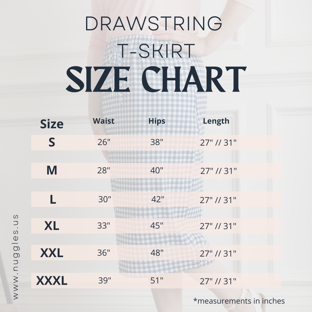 Size chart for the Drawstring T-Skirt showing waist, hips, and skirt lengths for sizes S to XXXL in both 27" and 31" options.