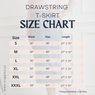 Size chart for the Drawstring T-Skirt showing waist, hips, and skirt lengths for sizes S to XXXL in both 27" and 31" options.