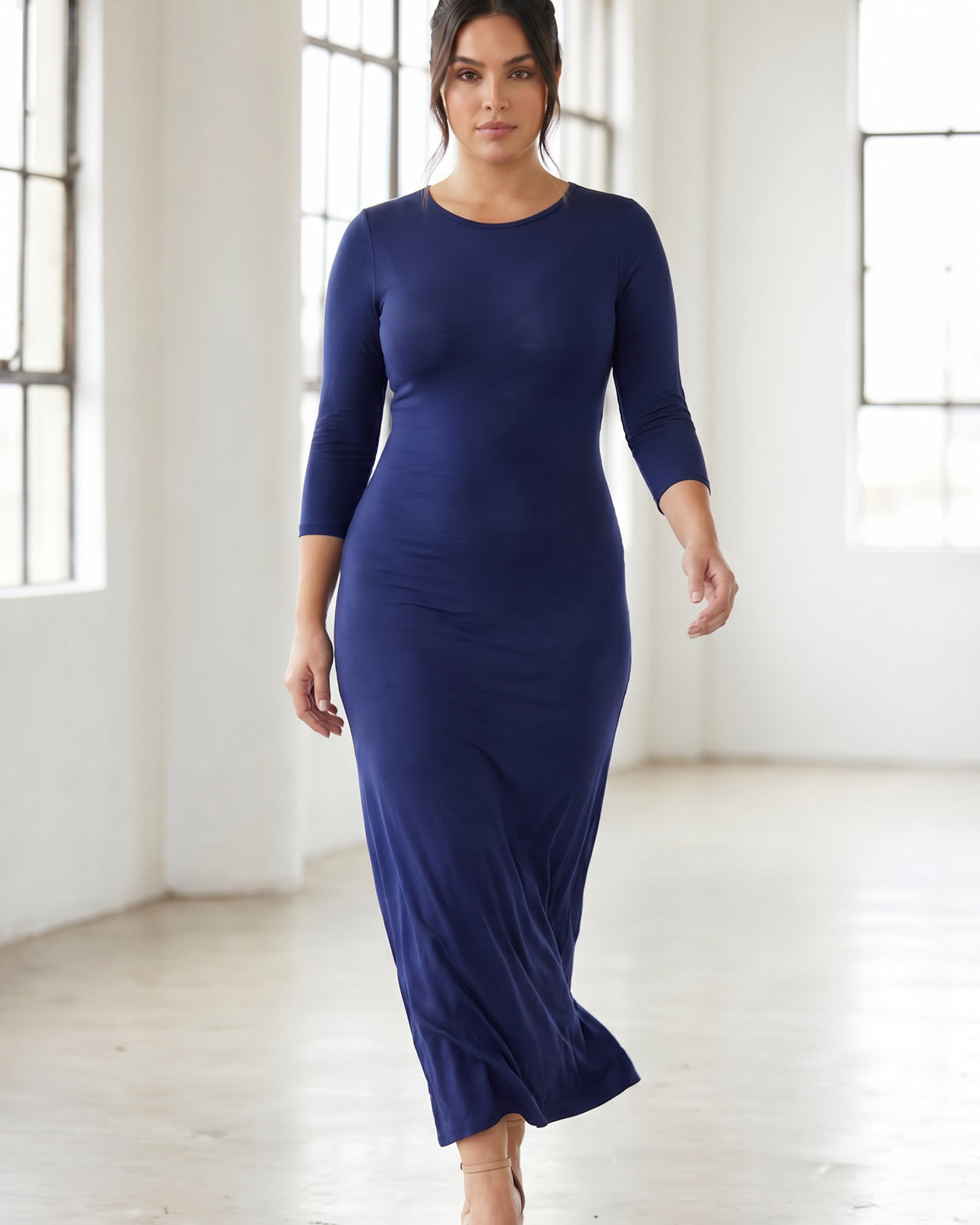 Model wearing Nuggles® Maxi Layering Dress in Dark Blue