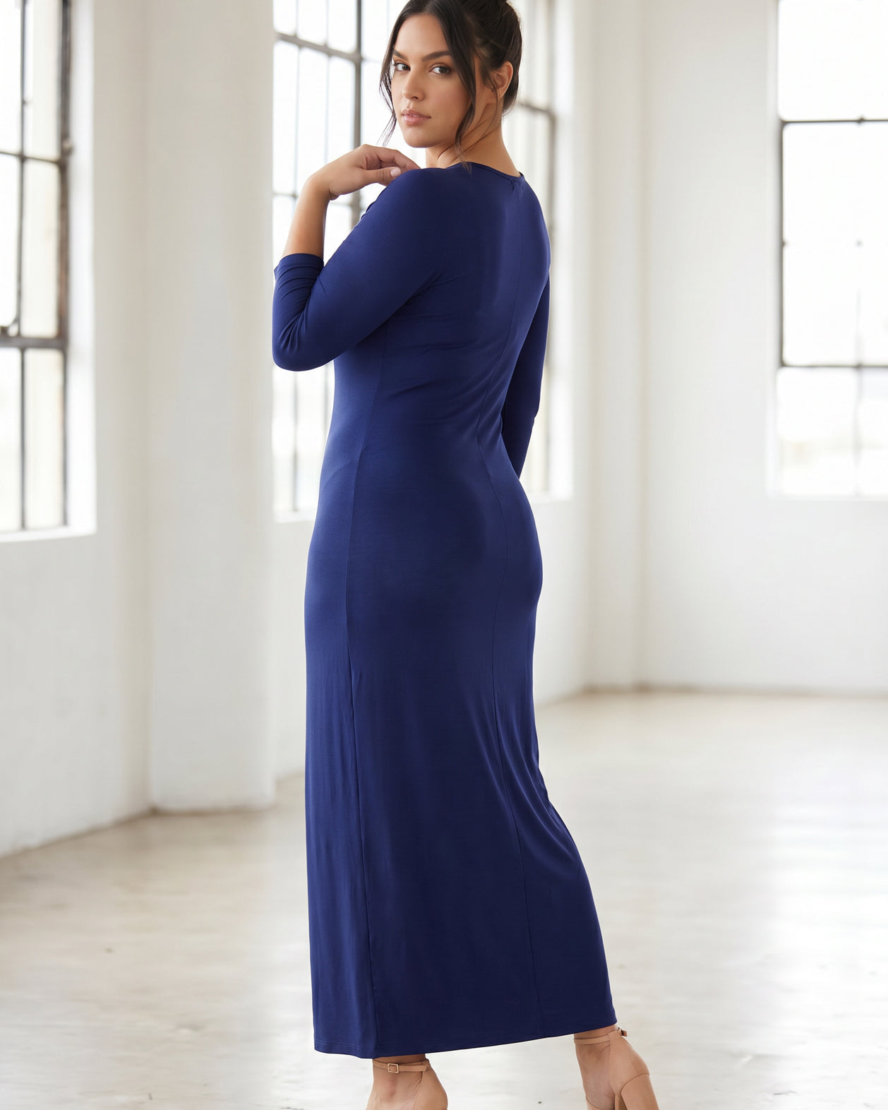 Model wearing Nuggles® Maxi Layering Dress in Dark Blue