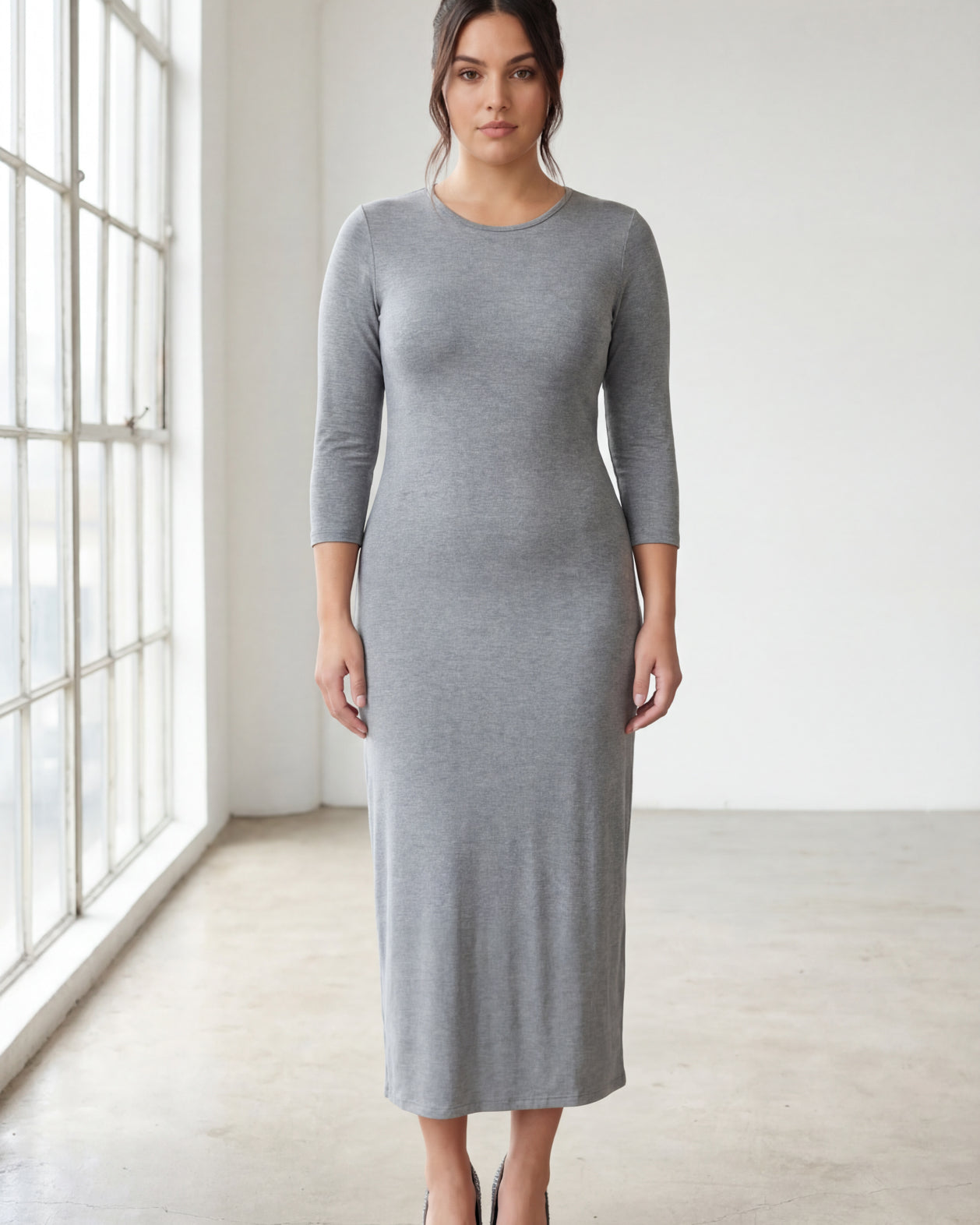 Model wearing Nuggles® Midi Layering Dress in Dark Heather