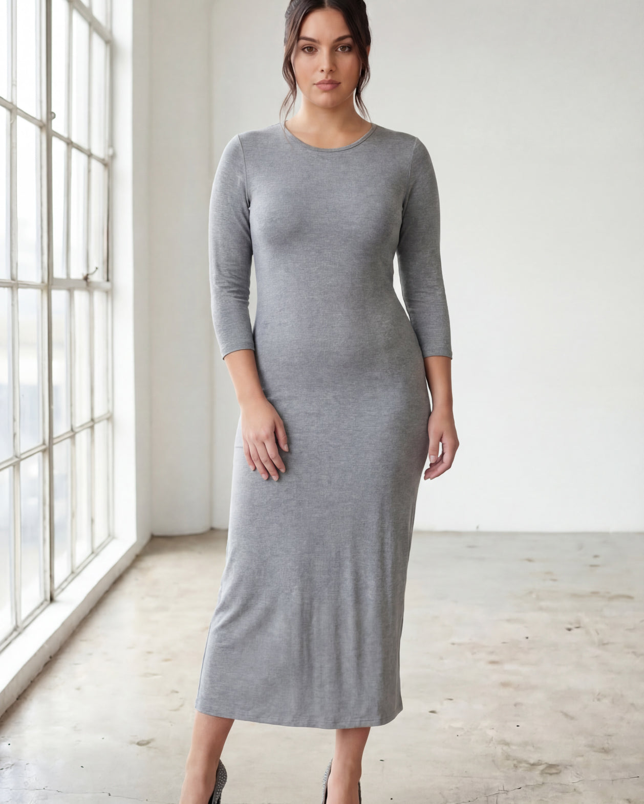 Model wearing Nuggles® Midi Layering Dress in Dark Heather