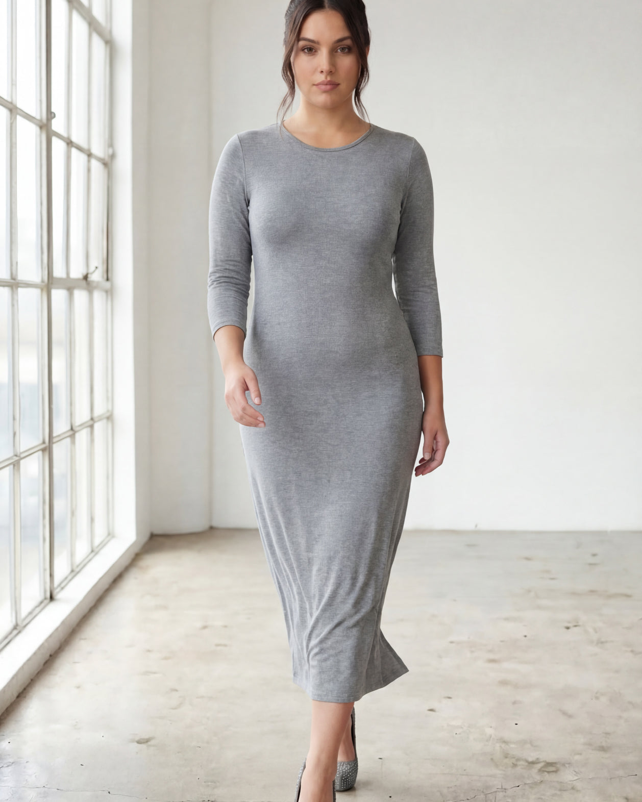 Model wearing Nuggles® Midi Layering Dress in Dark Heather