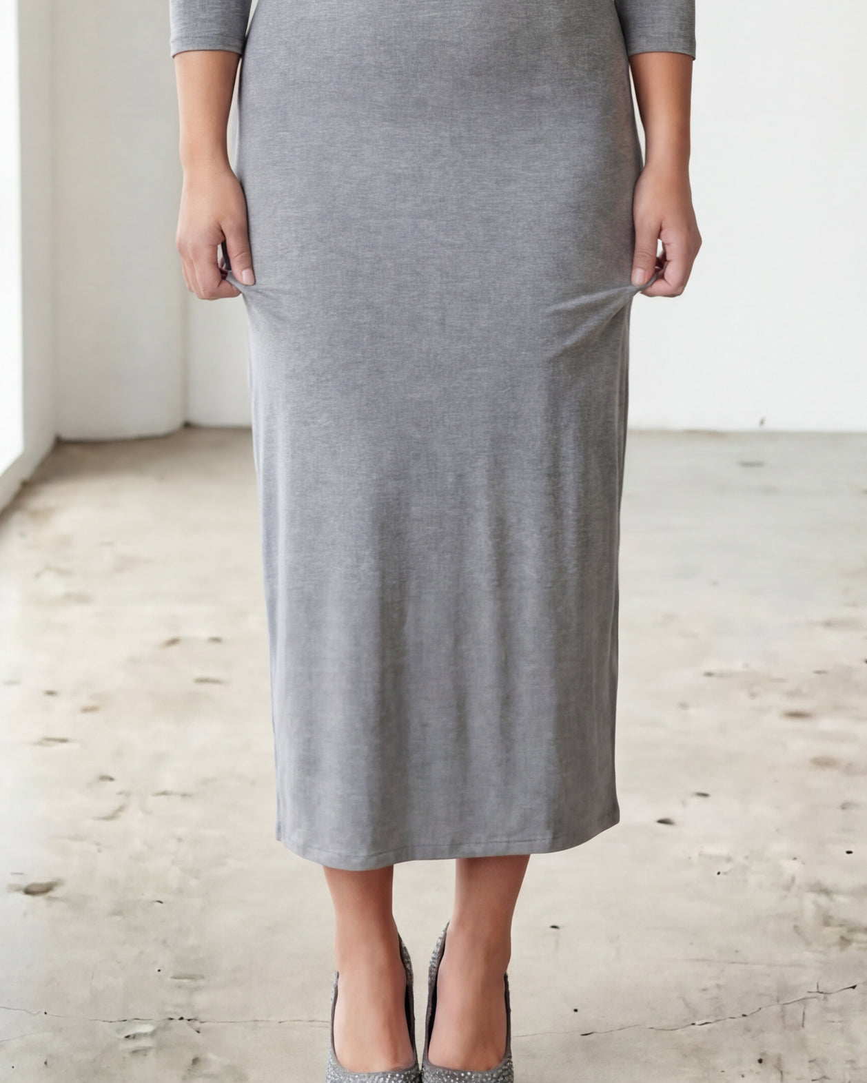 Model wearing Nuggles® Midi Layering Dress in Dark Heather