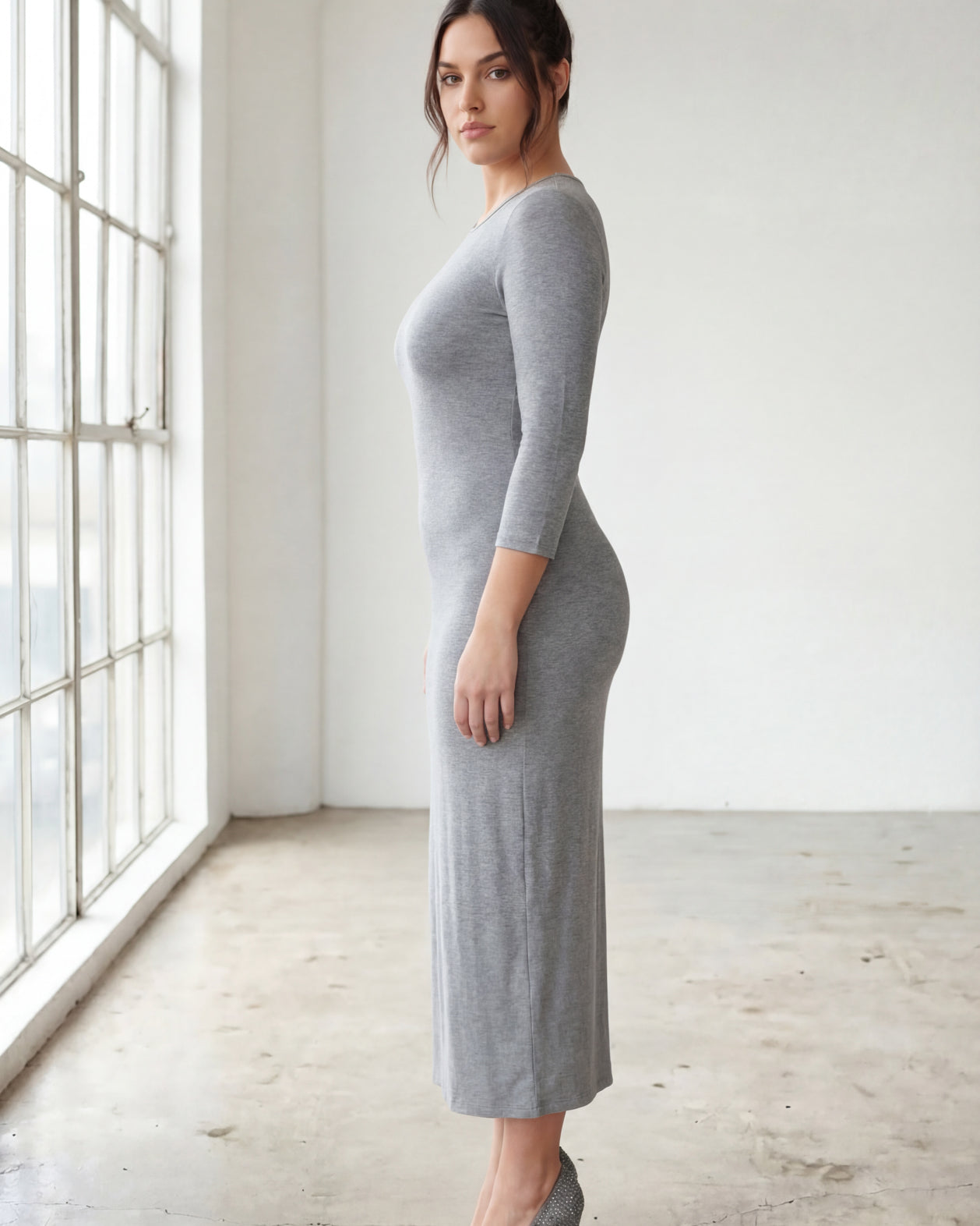 Model wearing Nuggles® Midi Layering Dress in Dark Heather