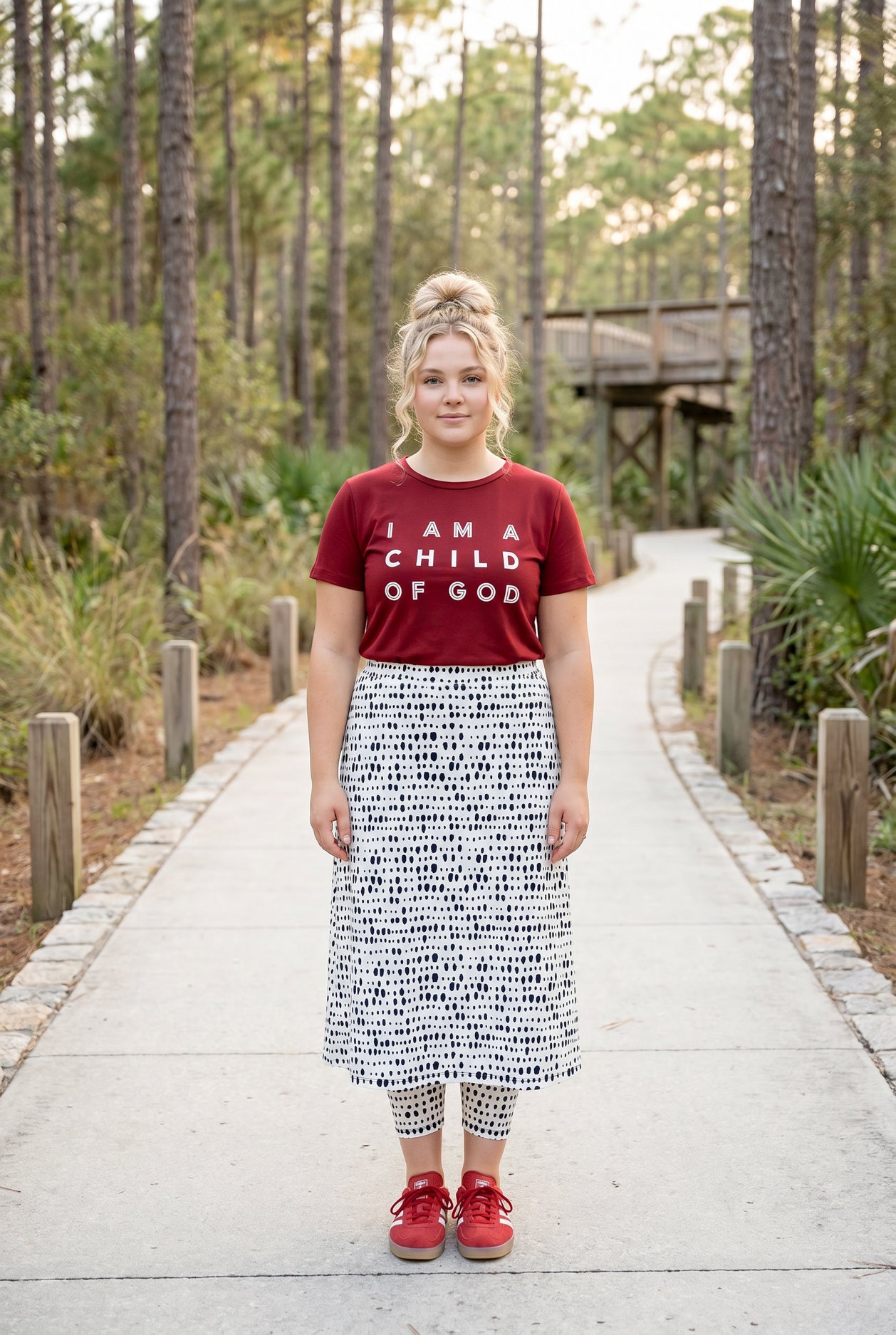 Model wearing Nuggles® 31" All-Sport Skirt in Dash Print