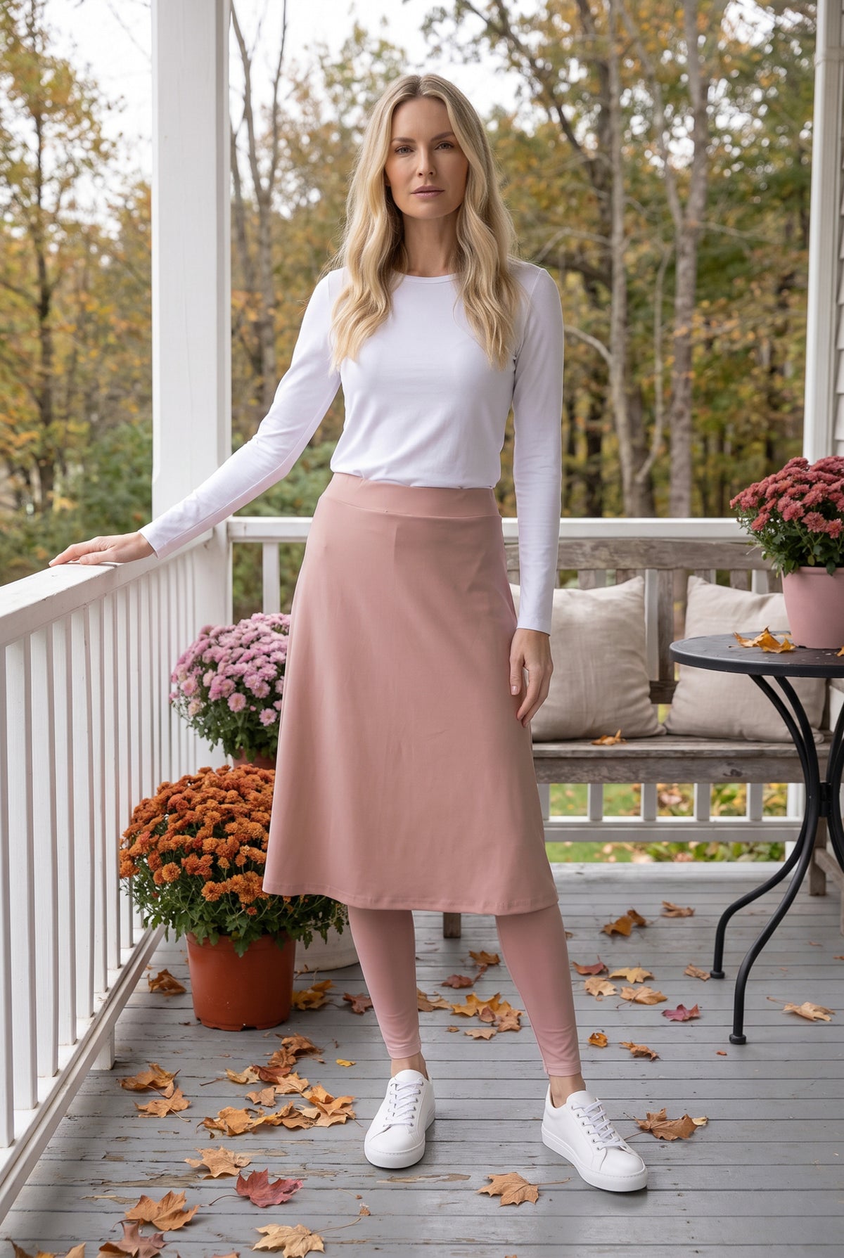 Model wearing Nuggles® Tilly Sport Skirt in Dusty Pink
